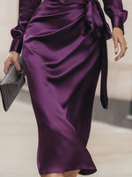 Robe Midi Drapée en Satin Prune Profond
