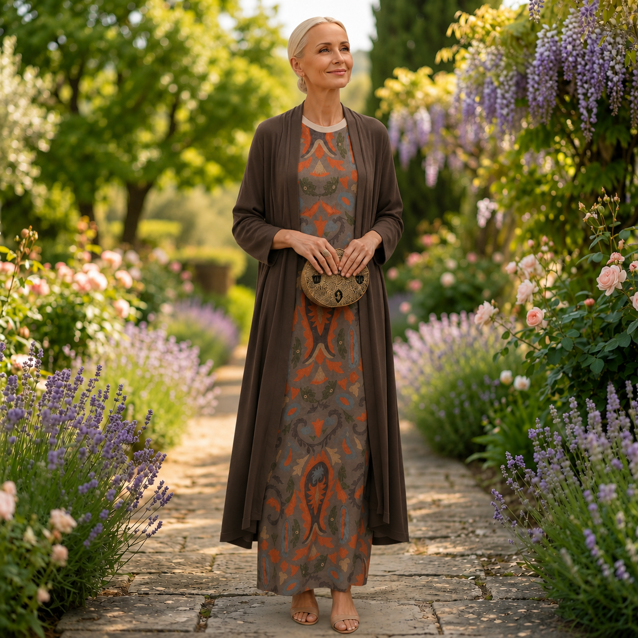 Daniela | Robe longue fleurie avec gilet assorti Marron