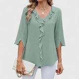 Christine | Blouse à volants, col V et manches trois-quarts