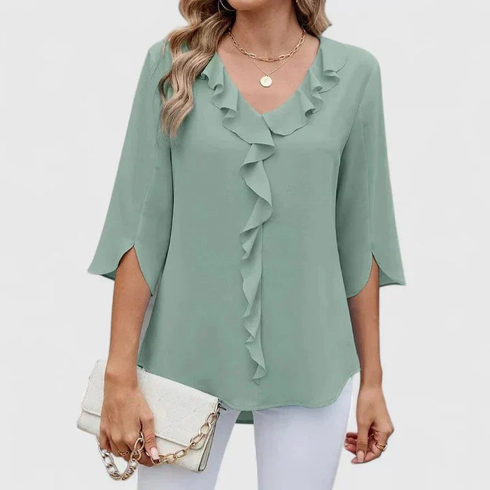 Christine | Blouse à volants, col V et manches trois-quarts