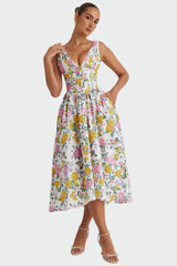 Émeline | Robe midi fleurie à décolleté en V et poches