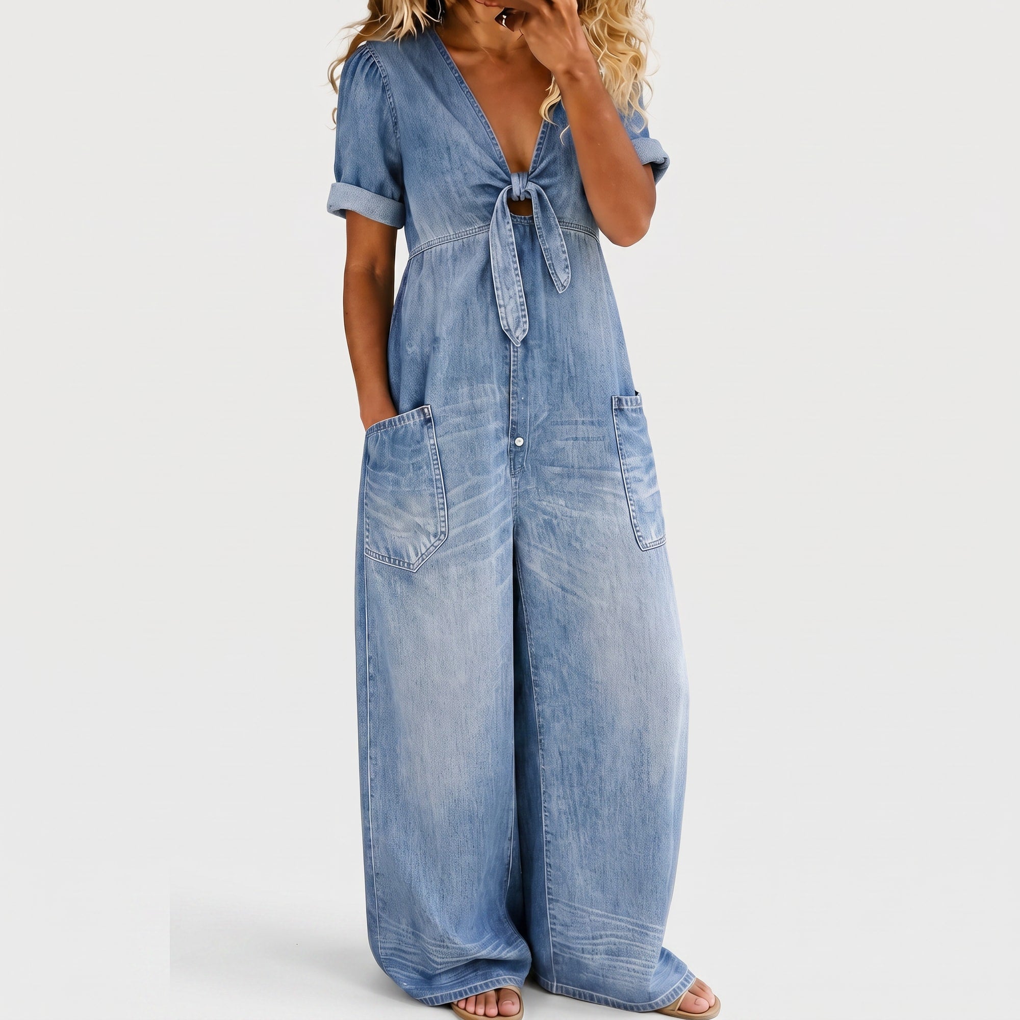 Quitterie | Combinaison femme denim col v Bleu clair