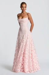 Bertille | Robe longue à col bénitier et fleurs en relief