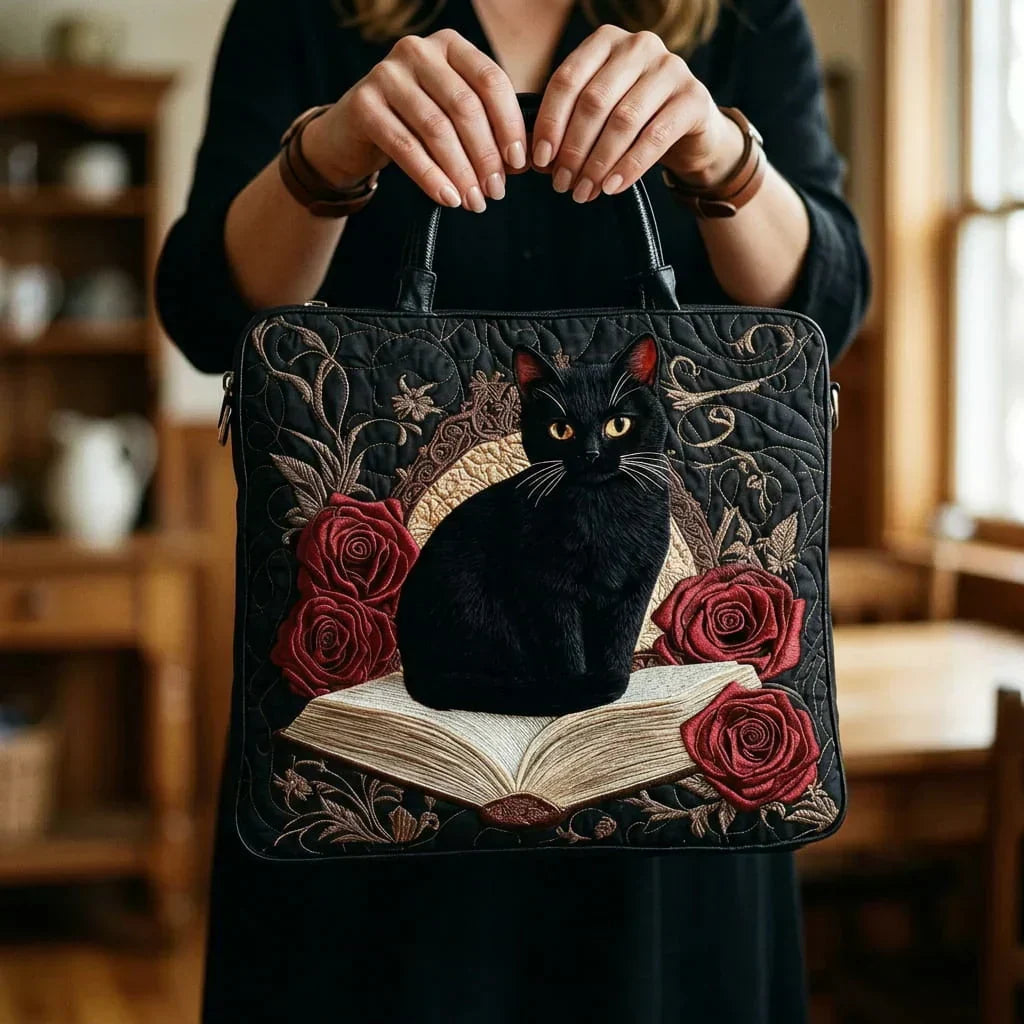 Sac Artisanal Matelassé - Chat Noir au Livre et aux Roses