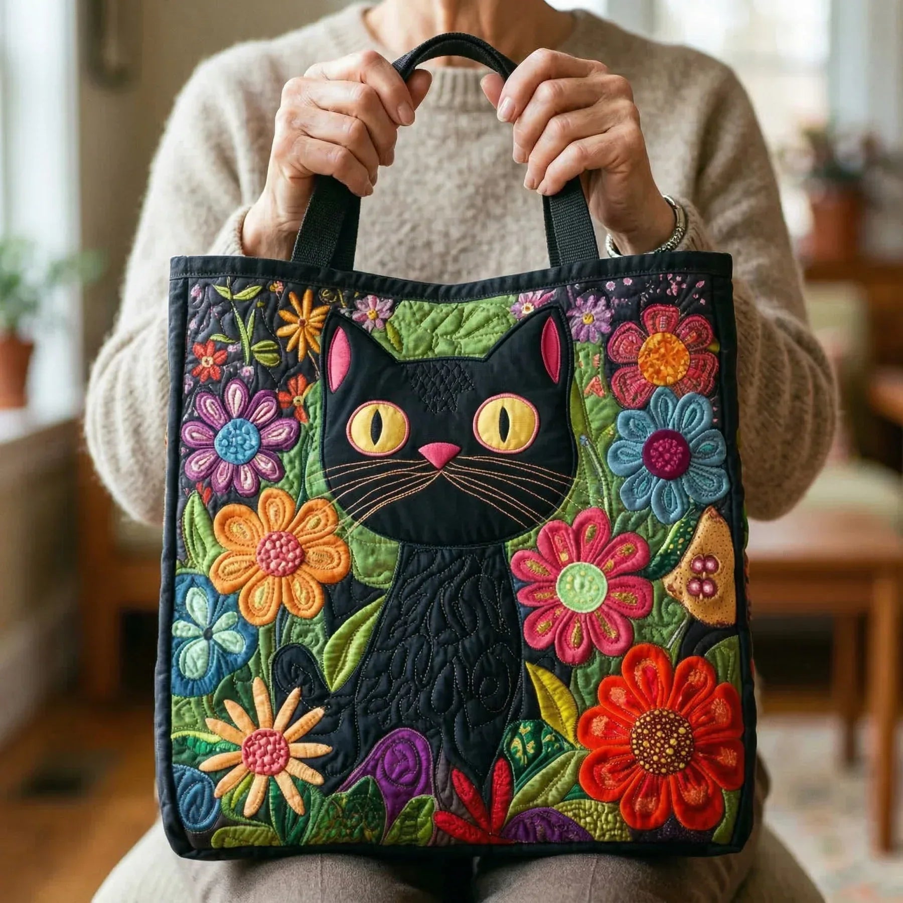 Sac Artisanal Matelassé - Chat Noir Enchanté