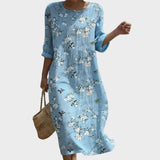 Irène | Robe midi col rond à fleurs et oiseaux
