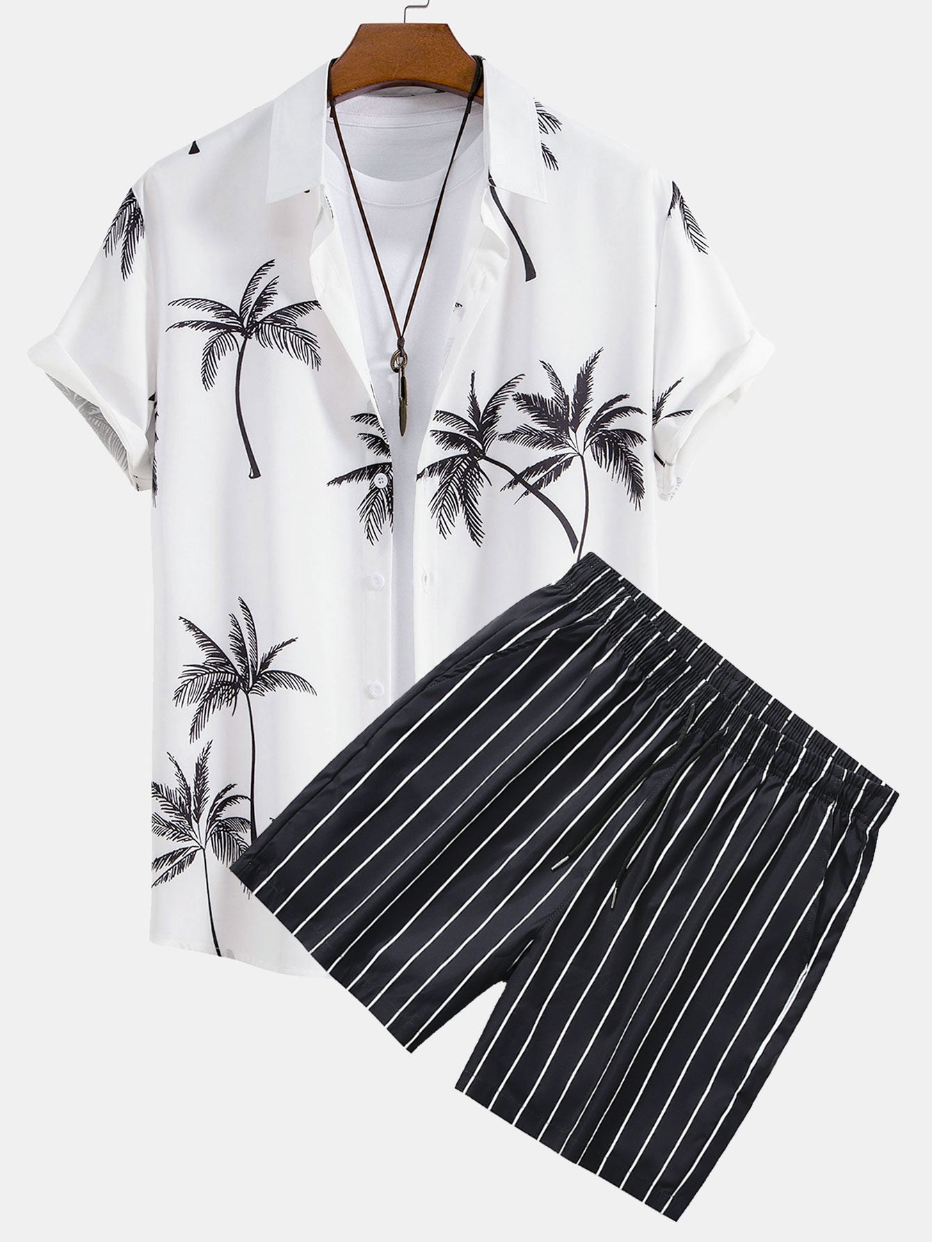 Ensemble Capucine — chemise à imprimé palmiers & short de bain rayé