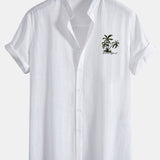 Chemise en lin et coton à col officier et imprimé palmiers Hawaï