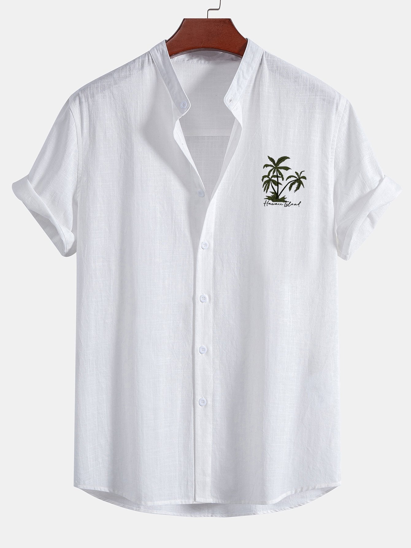Chemise en lin et coton à col officier et imprimé palmiers Hawaï