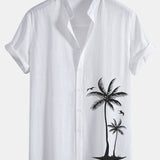 Chemise en lin et coton à col officier et imprimé palmiers