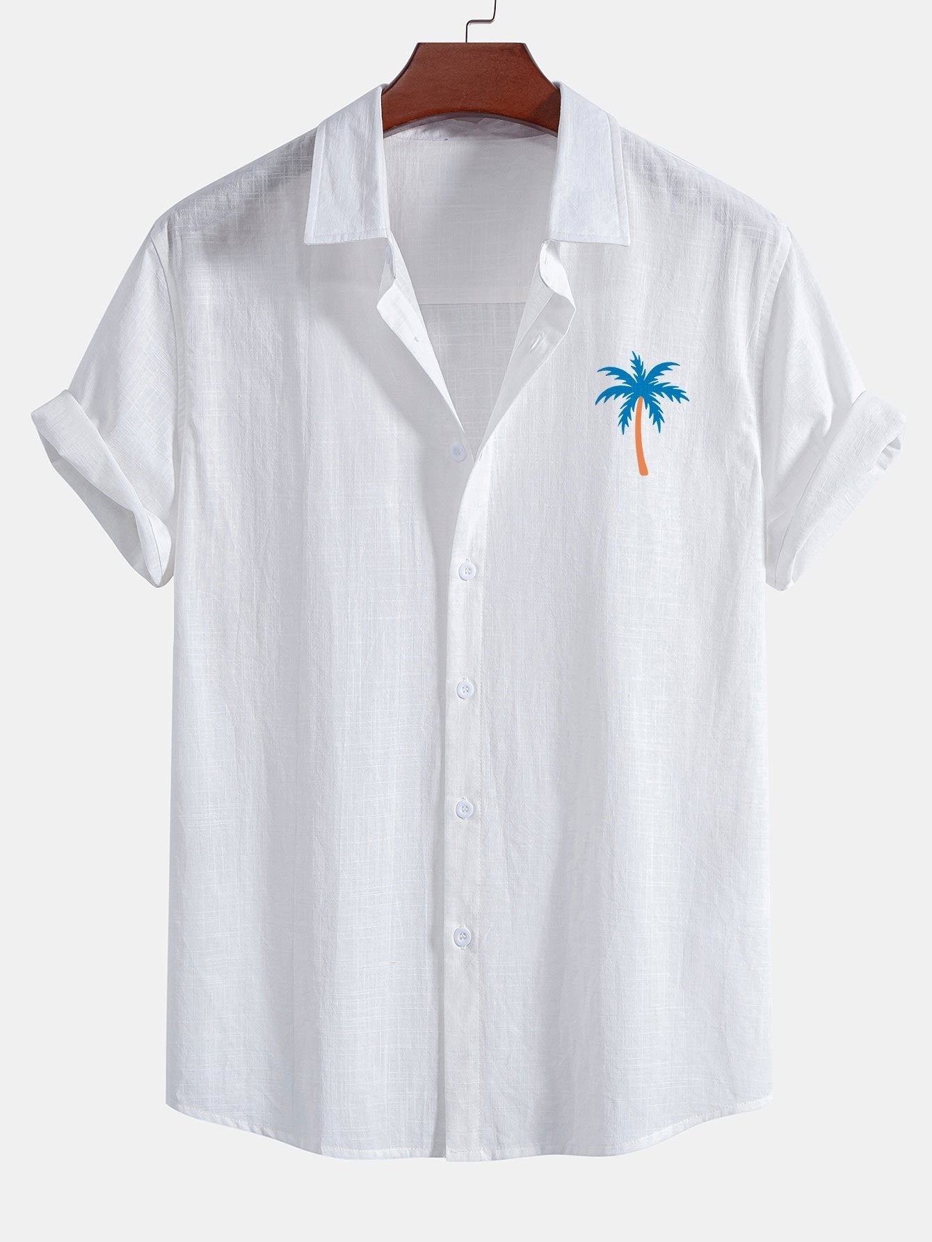 Chemise boutonnée en lin et coton à imprimé palmiers bleus
