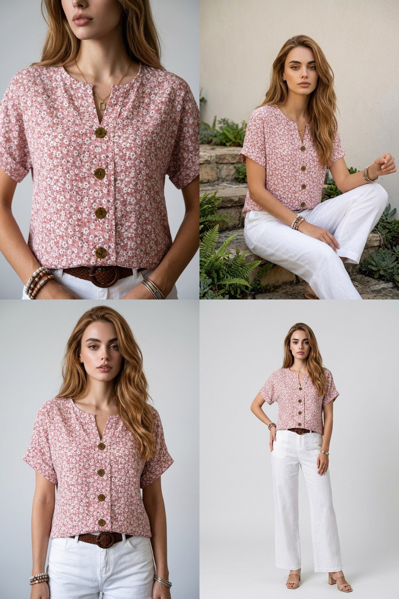 Blouse Florale Élégante — Rose