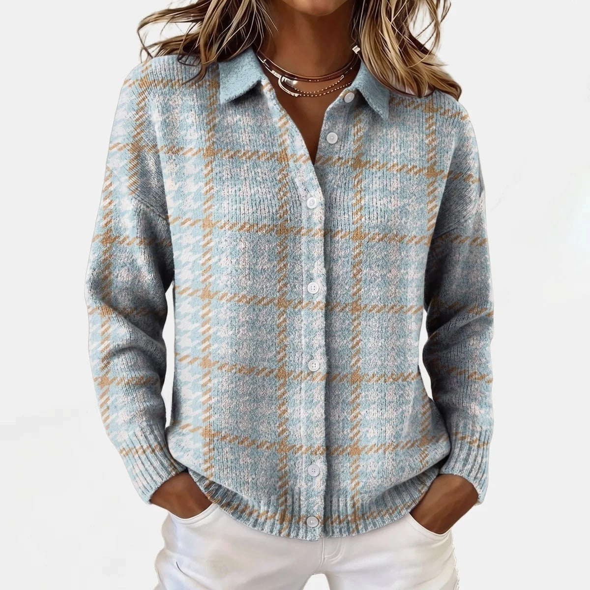 Cardigan à Carreaux Bleu Ciel Bleu, photo studio