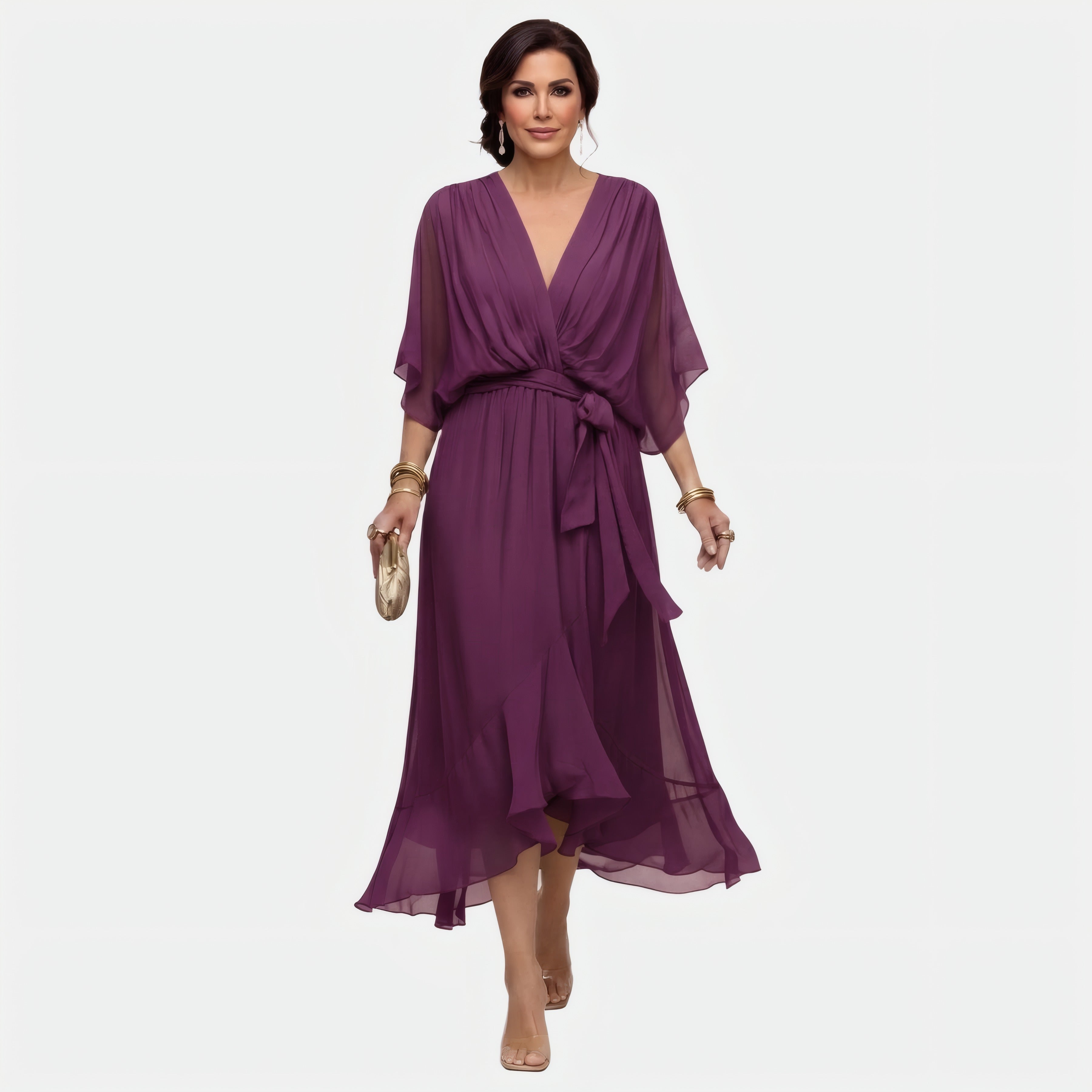 Monica | Robe en mousseline à col en V — v Violet foncé, photo studio