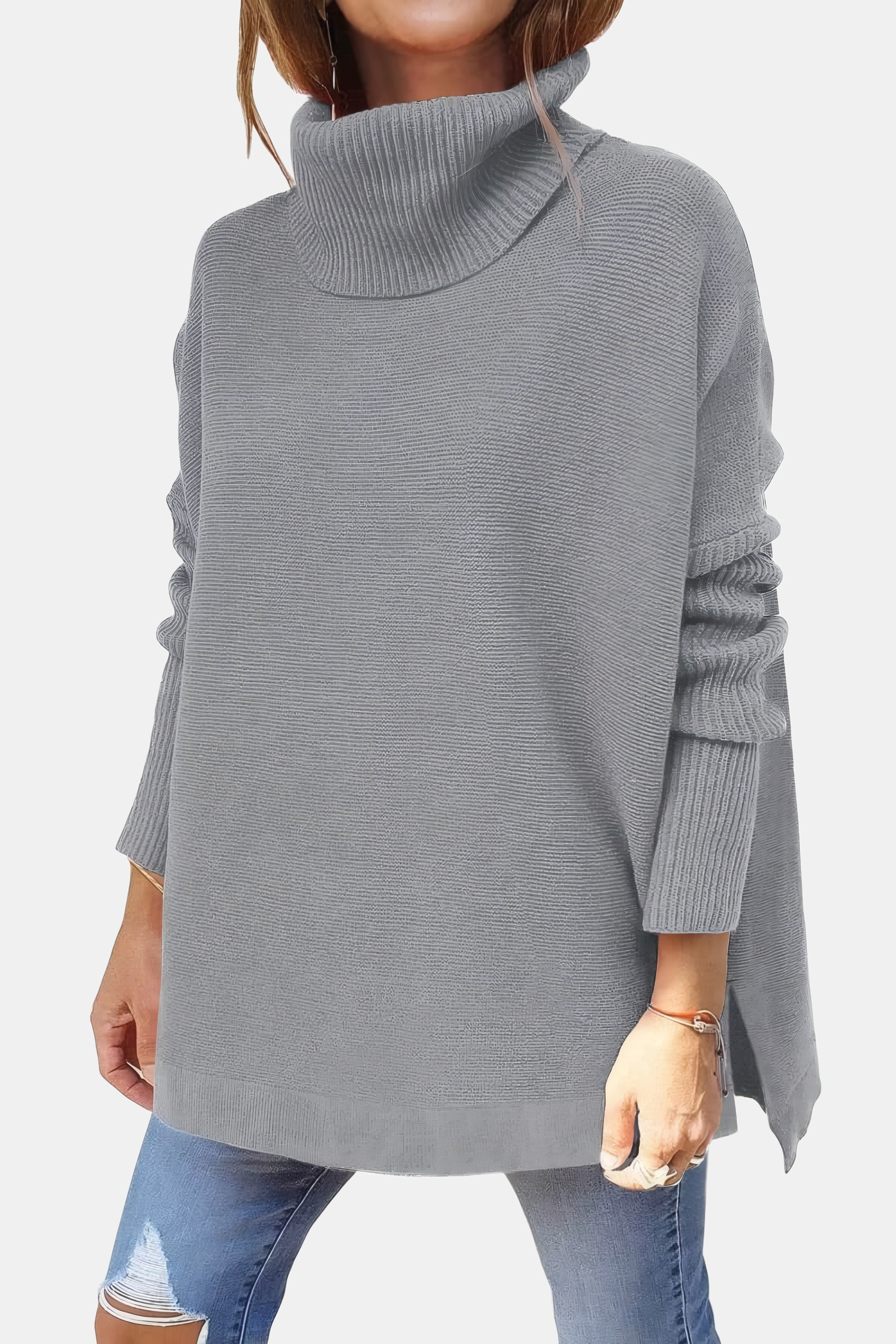 Priscille | Pull oversize à ourlet fendu Gris, photo studio
