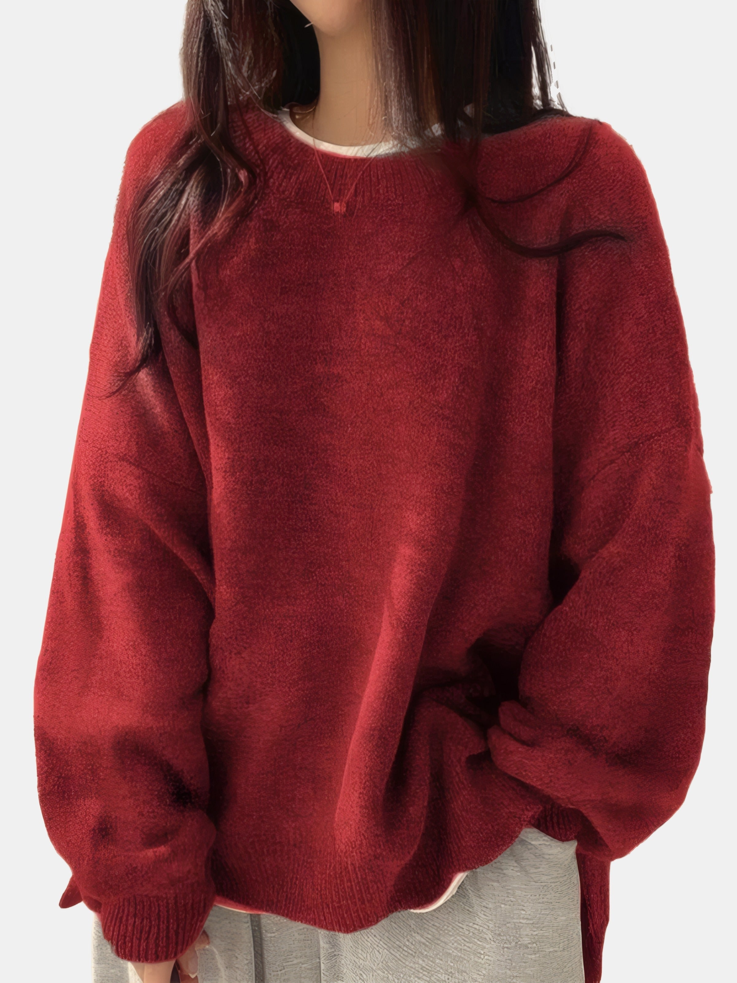 Sophie | Pull oversize en maille à col rond et manches ballon Rouge, photo studio