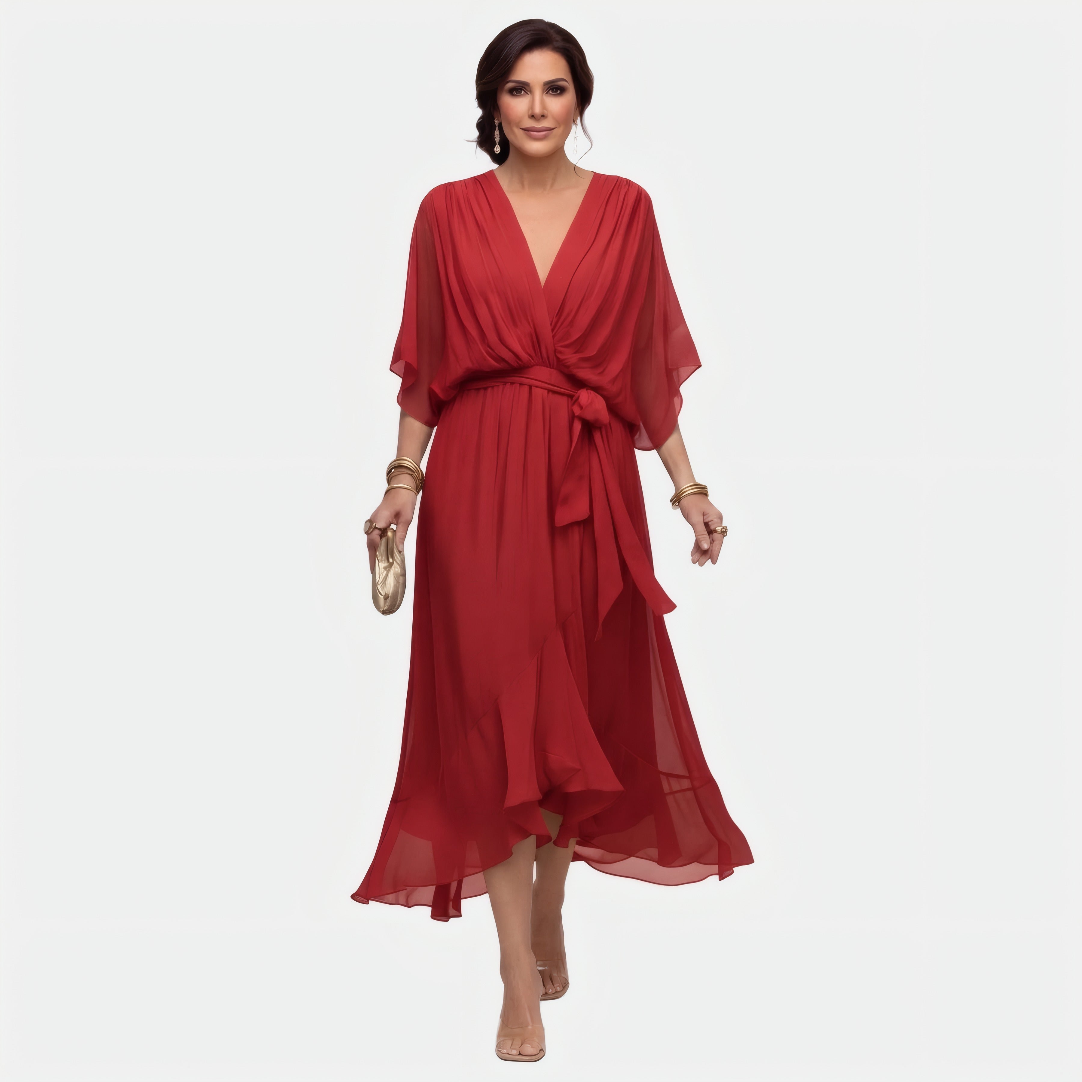 Monica | Robe en mousseline à col en V — v Rouge, photo studio