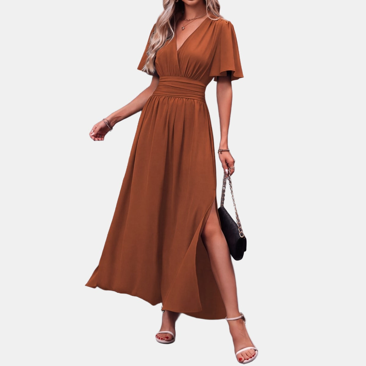 Bérangère | Robe habillée à l'allure décontractée Caramel, photo studio