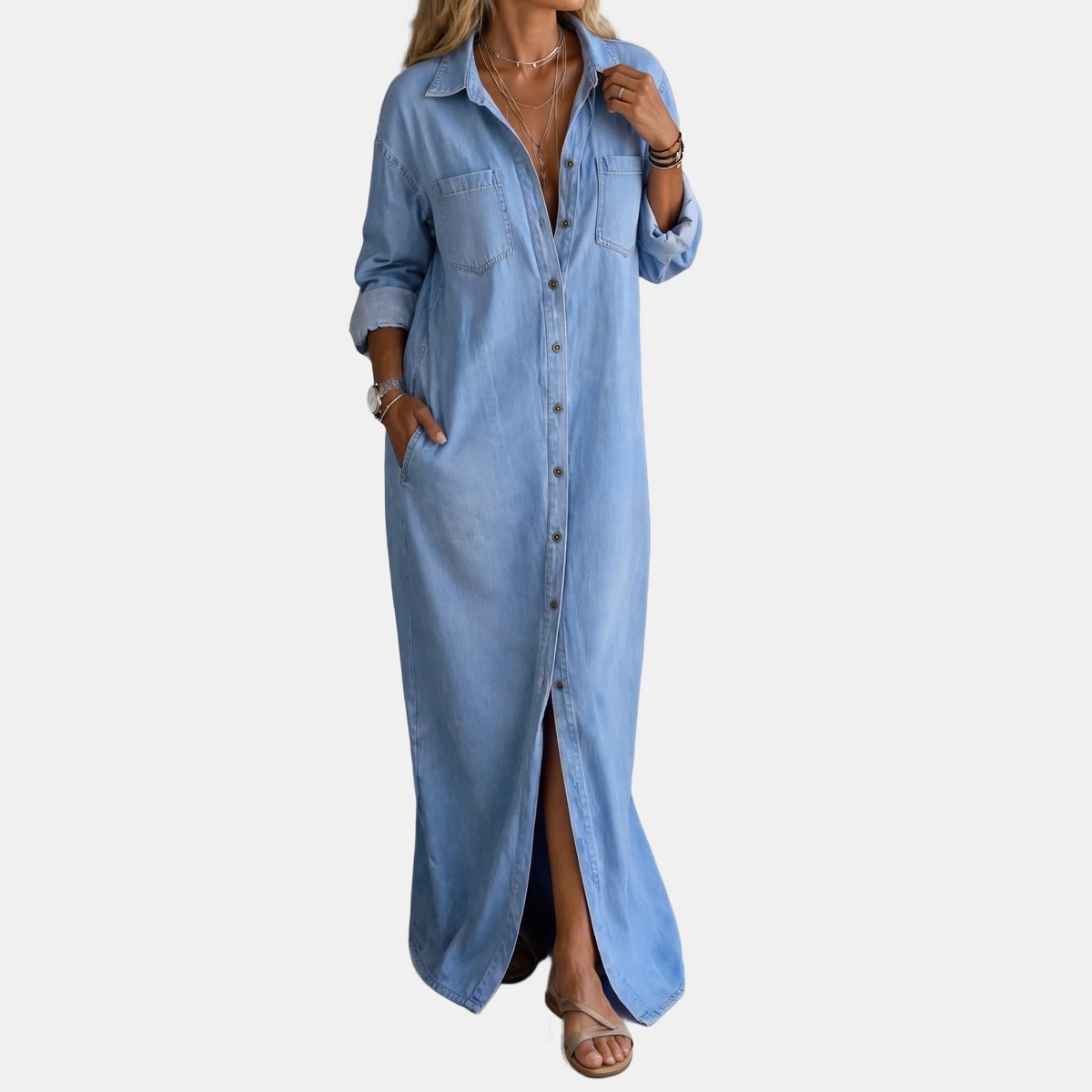 Delana | Robe boutonnée Bleu, photo studio