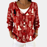 Oriane | Cardigan col V à motif silhouettes de chats