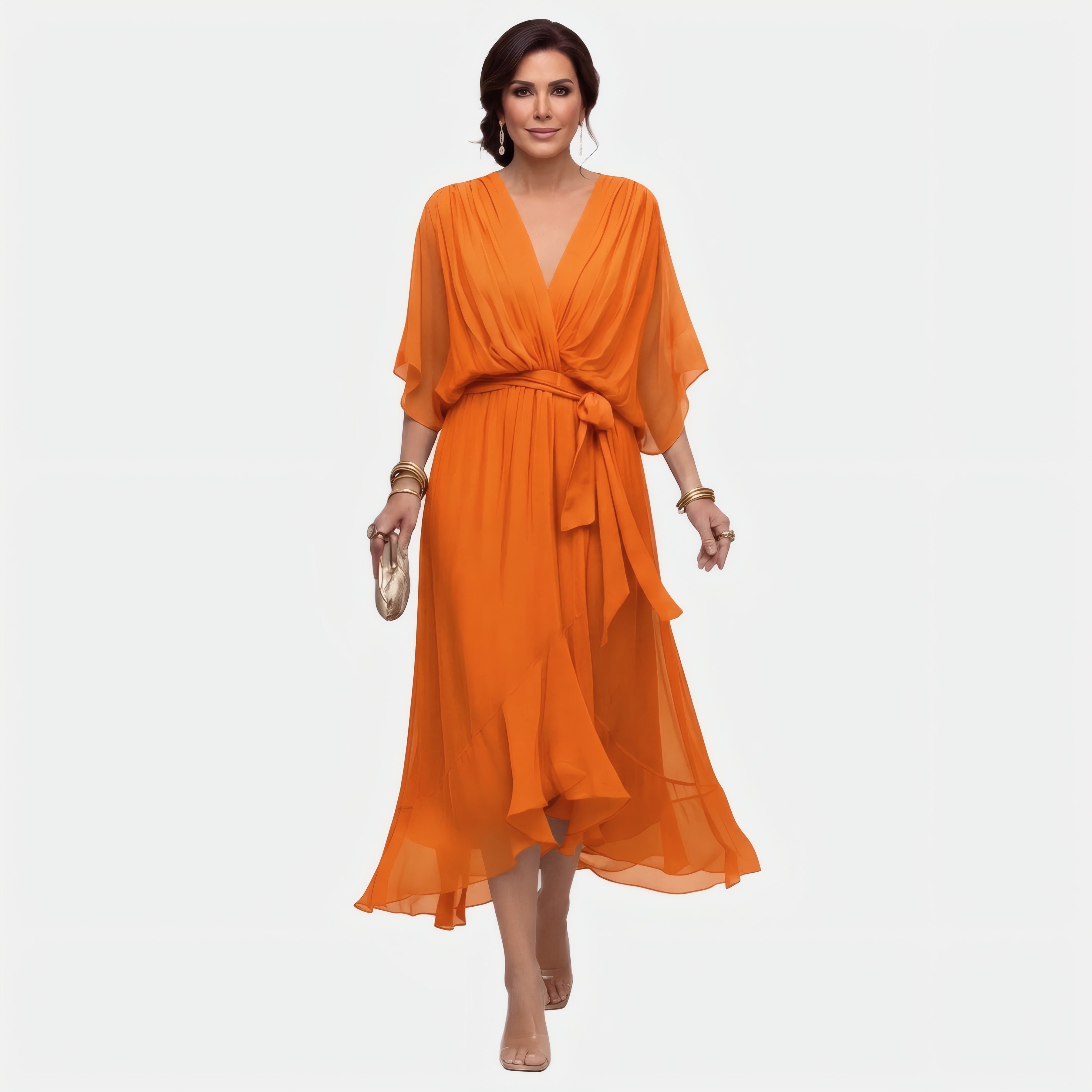 Monica | Robe en mousseline à col en V — v Orange, photo studio
