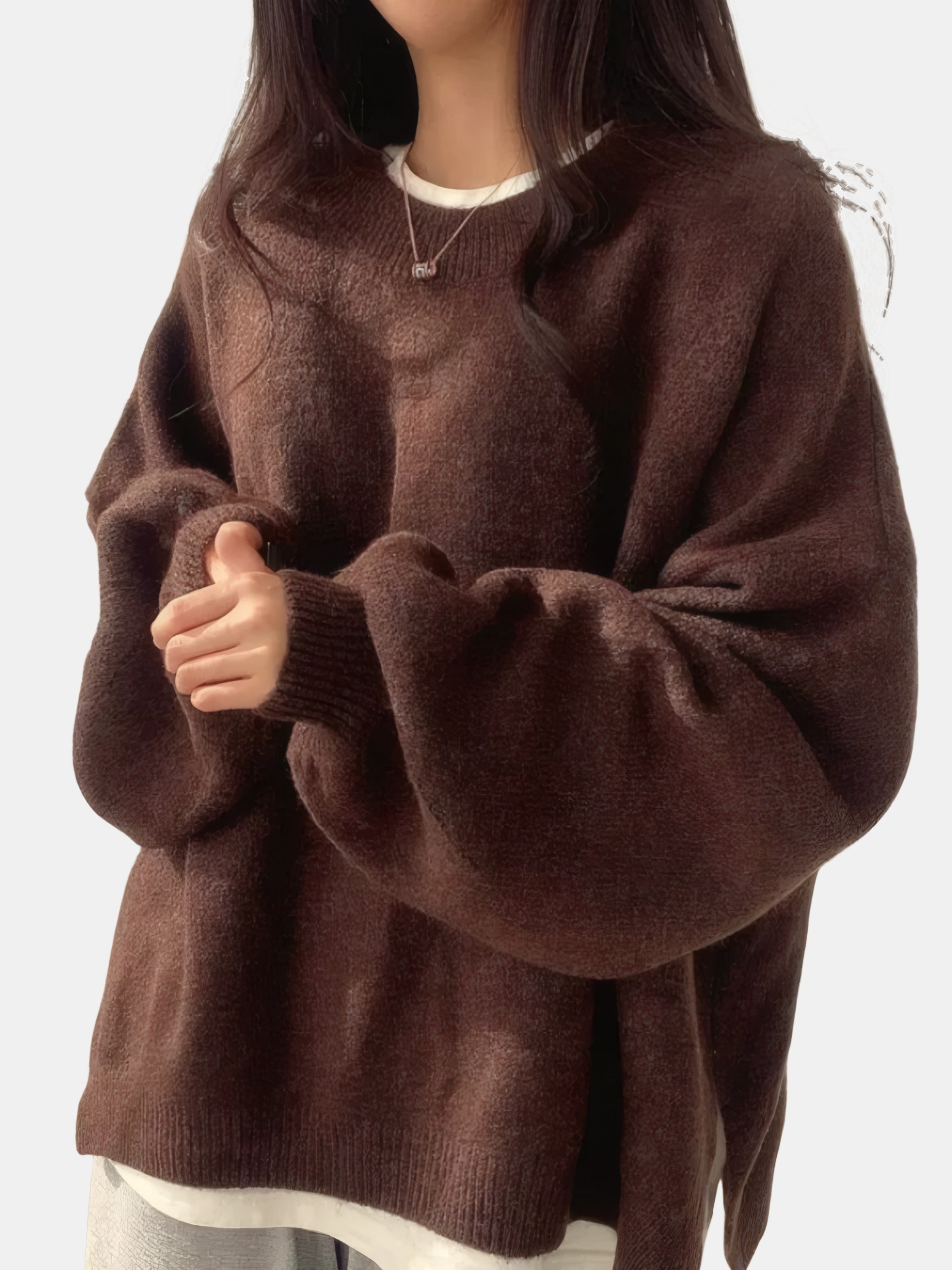 Sophie | Pull oversize en maille à col rond et manches ballon Marron, photo studio