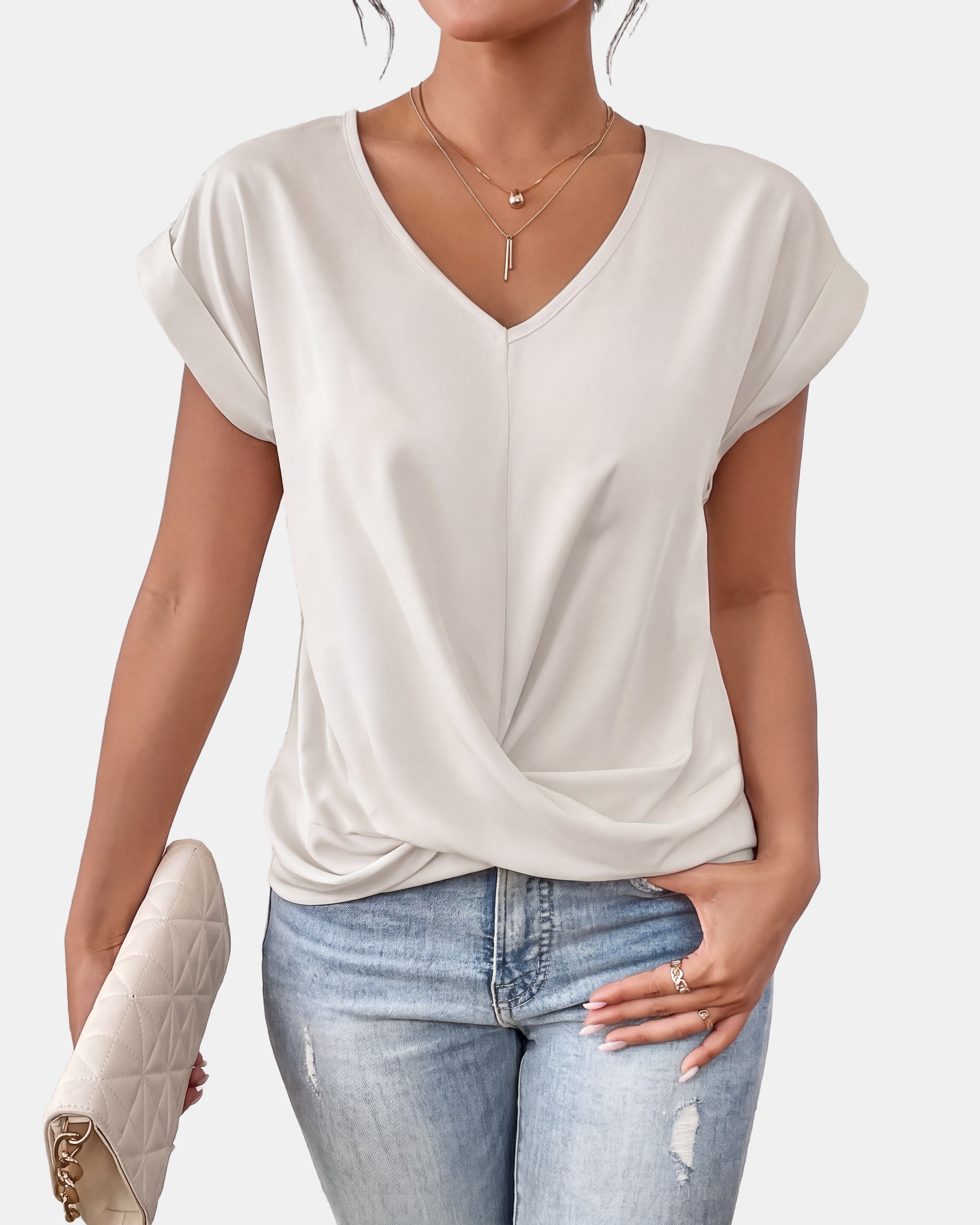 Josefine | Blouse élégante à col V et devant froncé Blanc, photo studio