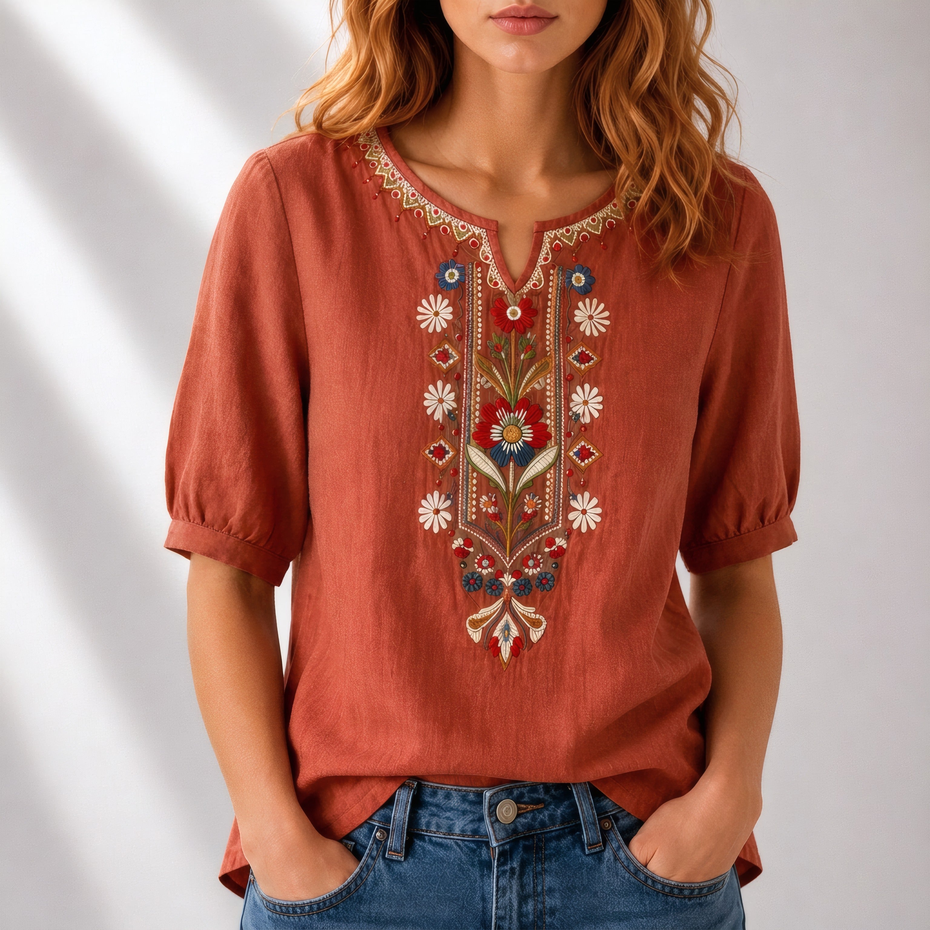 Marianne | Blouse d’été brodée Orange brûlé, photo studio