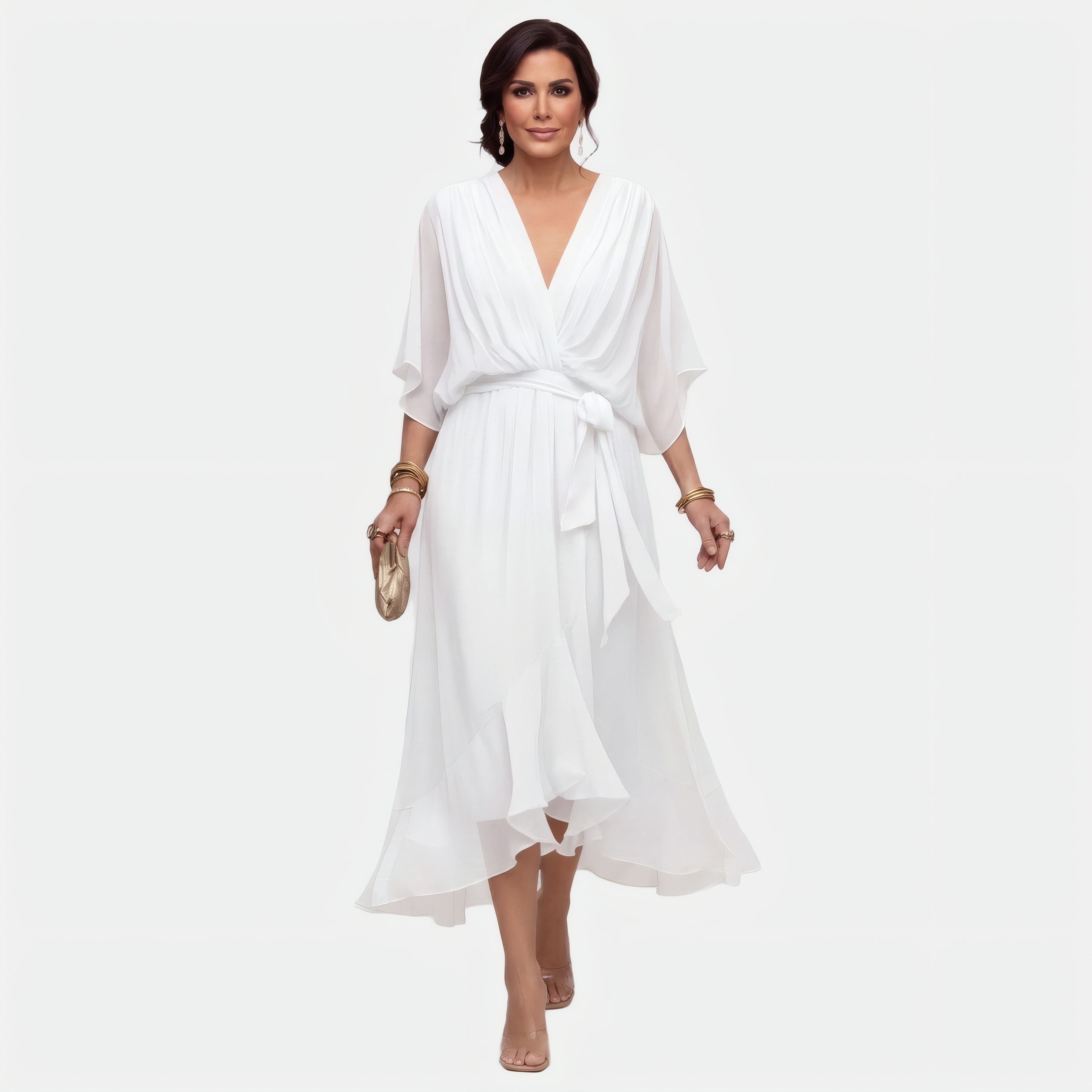 Monica | Robe en mousseline à col en V — v Blanc, photo studio