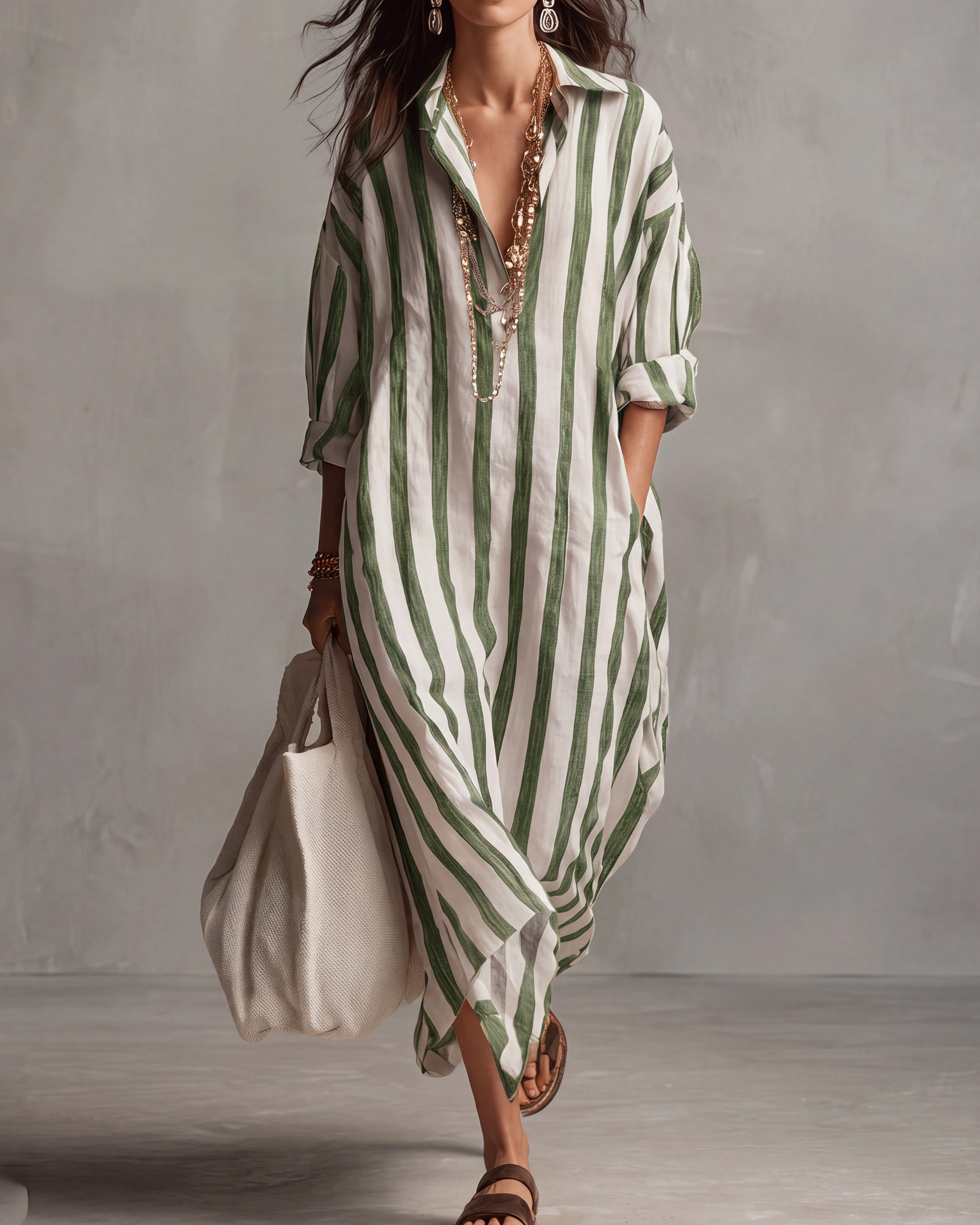Luisa | Robe-chemise longue à rayures coupe oversize Vert, photo studio