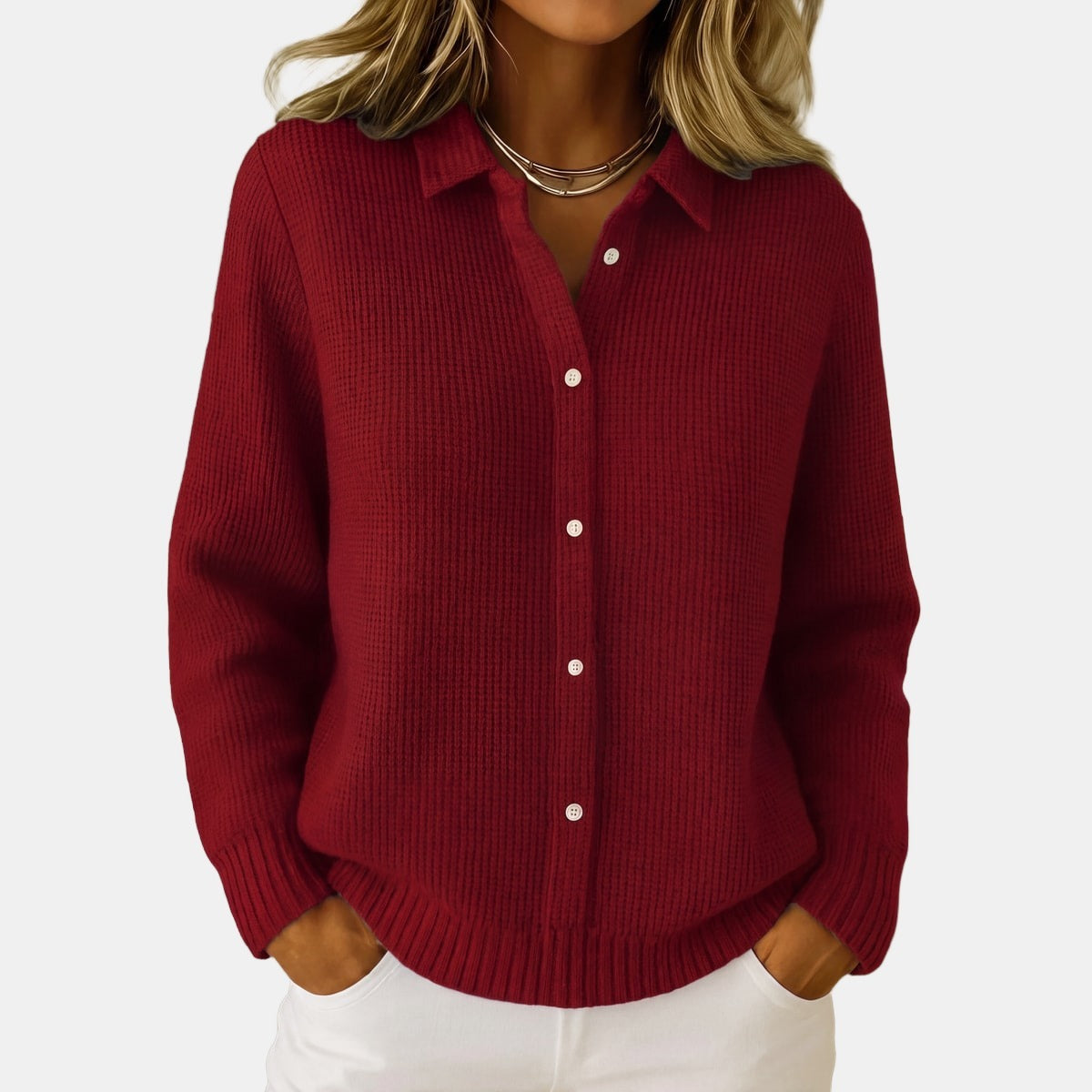 Cardigan Uni à Col Chemise Bordeaux, photo studio
