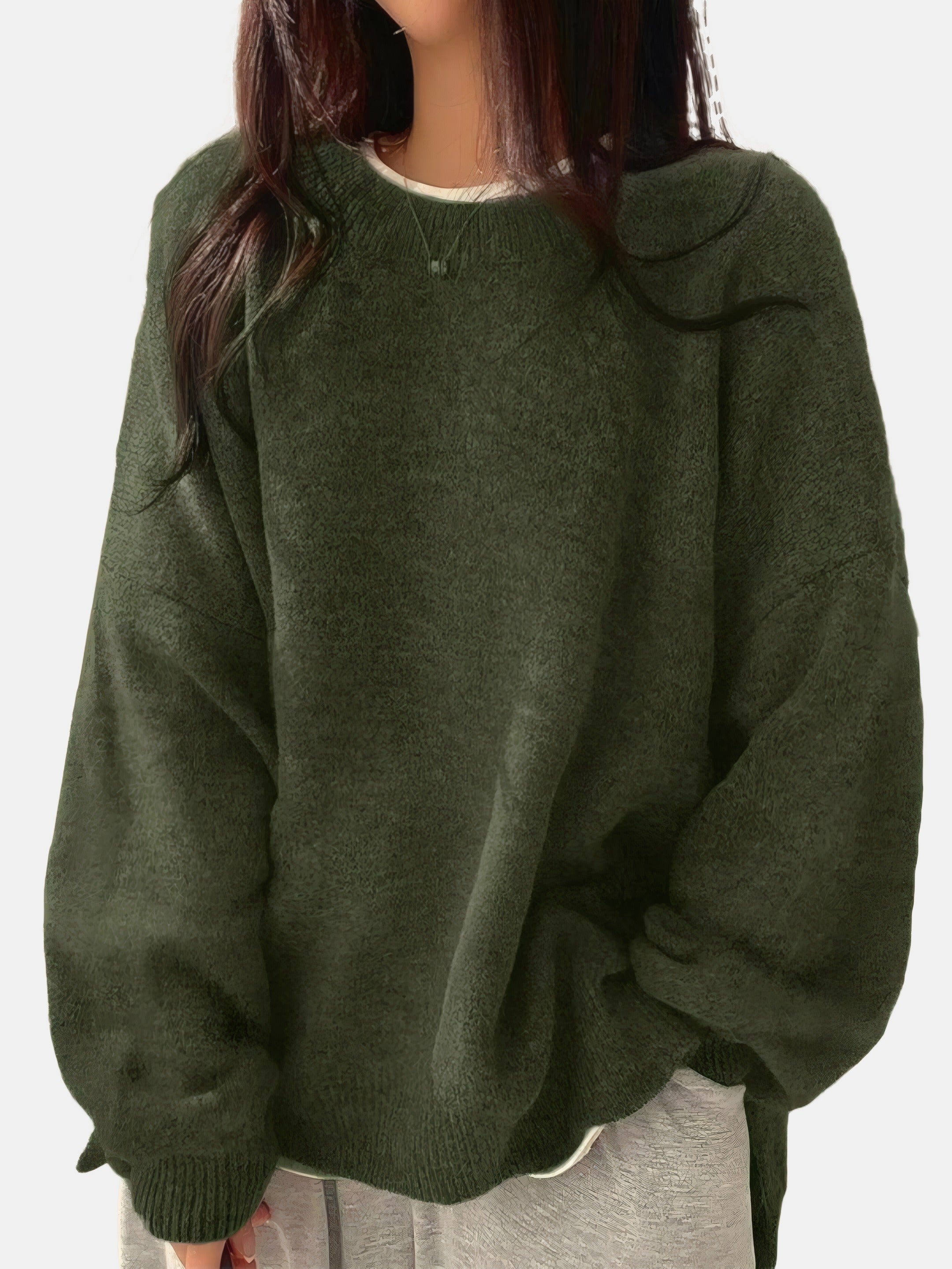 Sophie | Pull oversize en maille à col rond et manches ballon Vert olive, photo studio