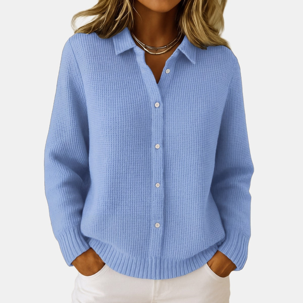 Cardigan Uni Bleu Ciel à Col Chemise