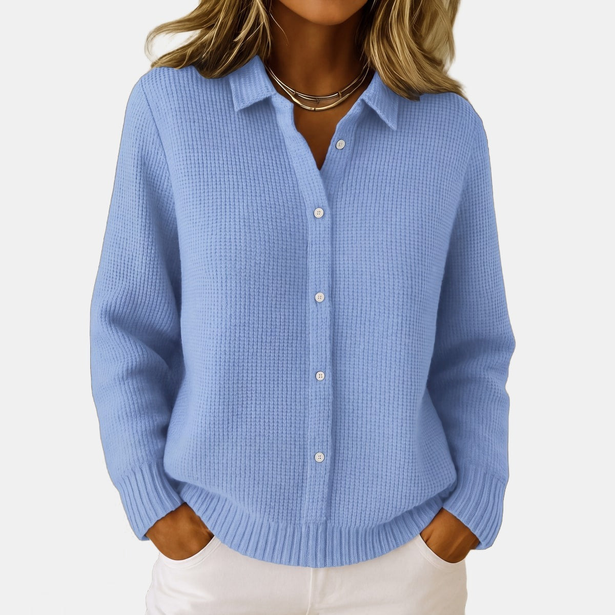 Cardigan Uni à Col Chemise Bleu, photo studio