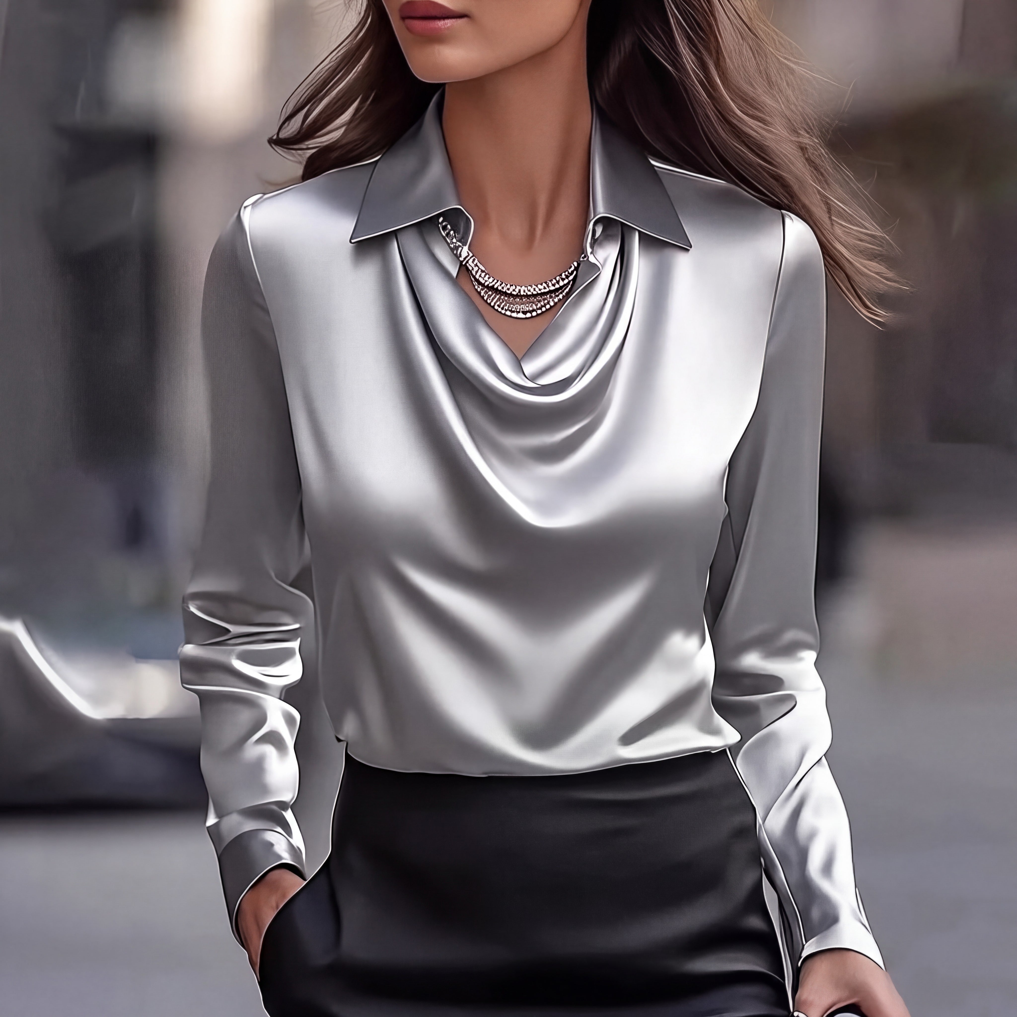 Antonia | Blouse élégante à encolure drapée Gris, photo studio