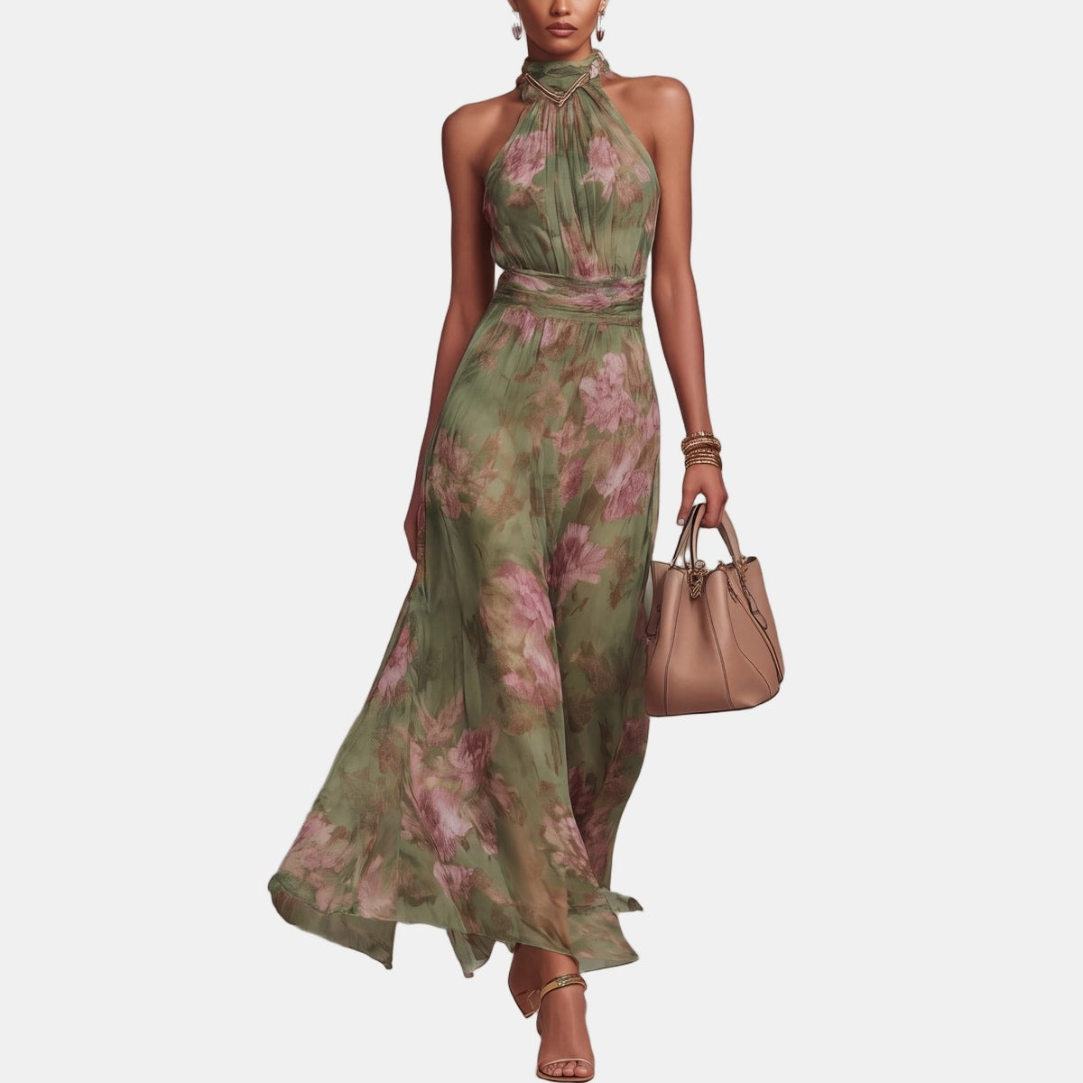 Françoise | Robe maxi d'été élégante Imprimé fleuri vert, photo studio