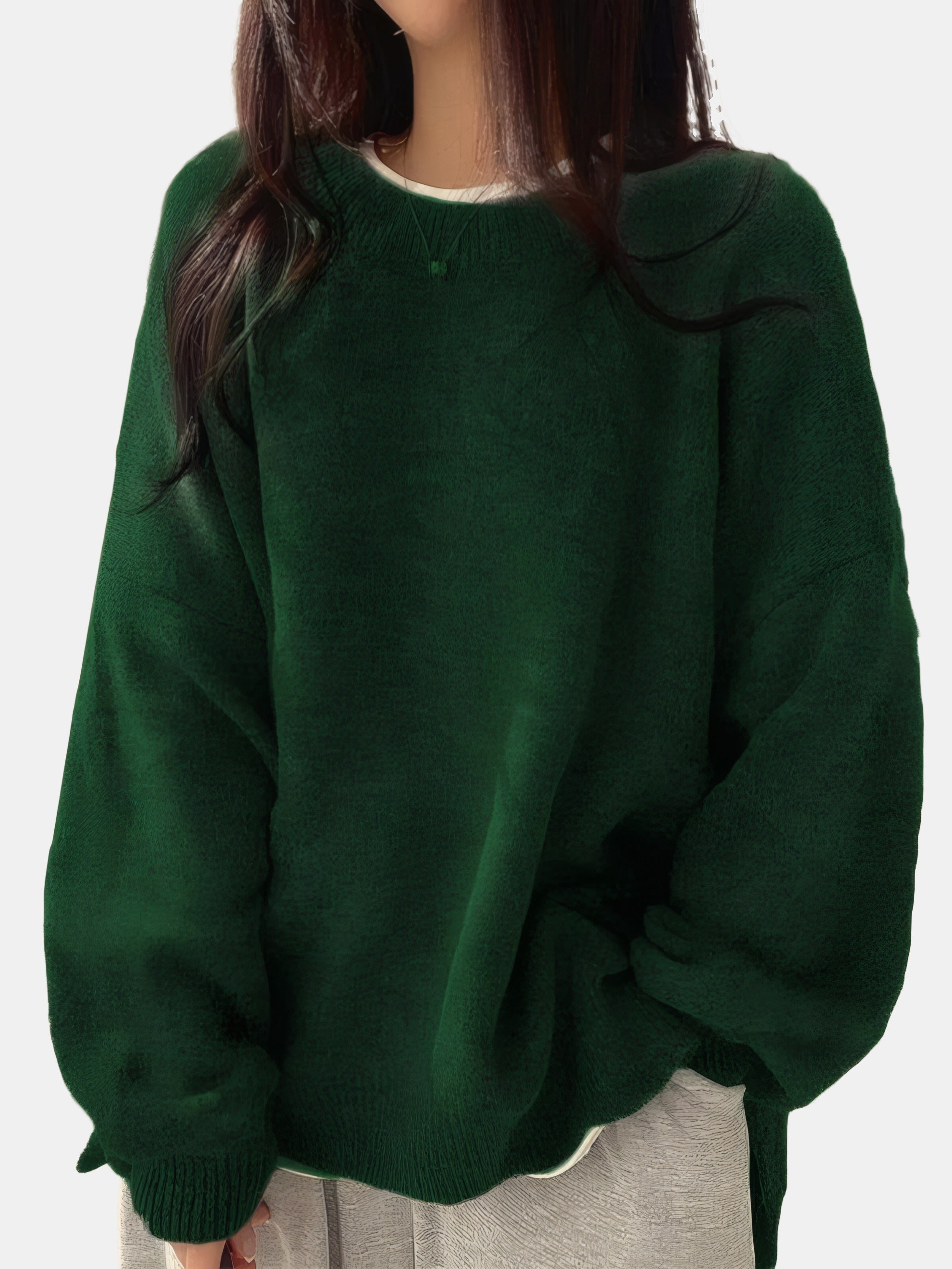 Sophie | Pull oversize en maille à col rond et manches ballon Vert foncé, photo studio
