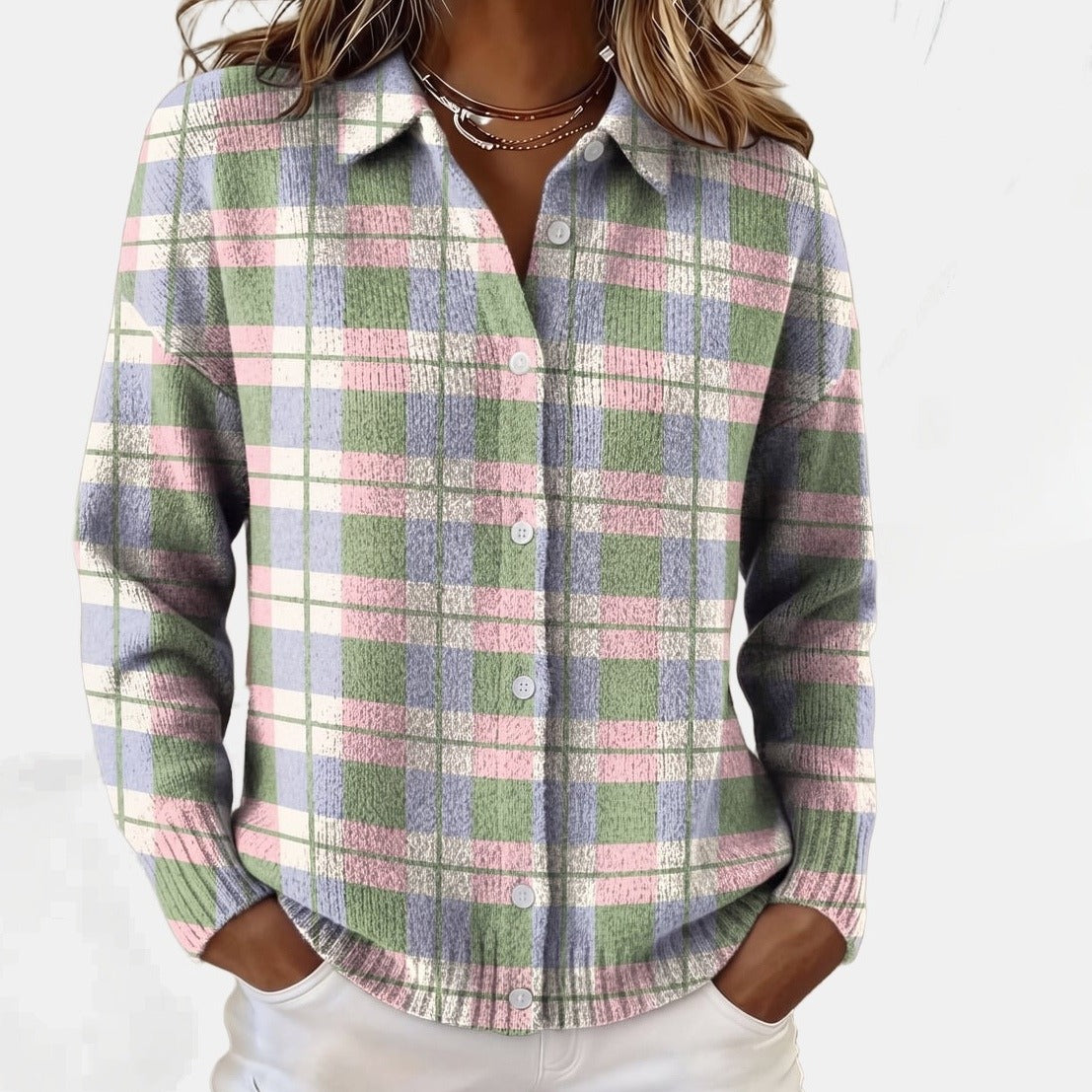 Cardigan à Carreaux Pastel Rose et Bleu Multicolore, photo studio