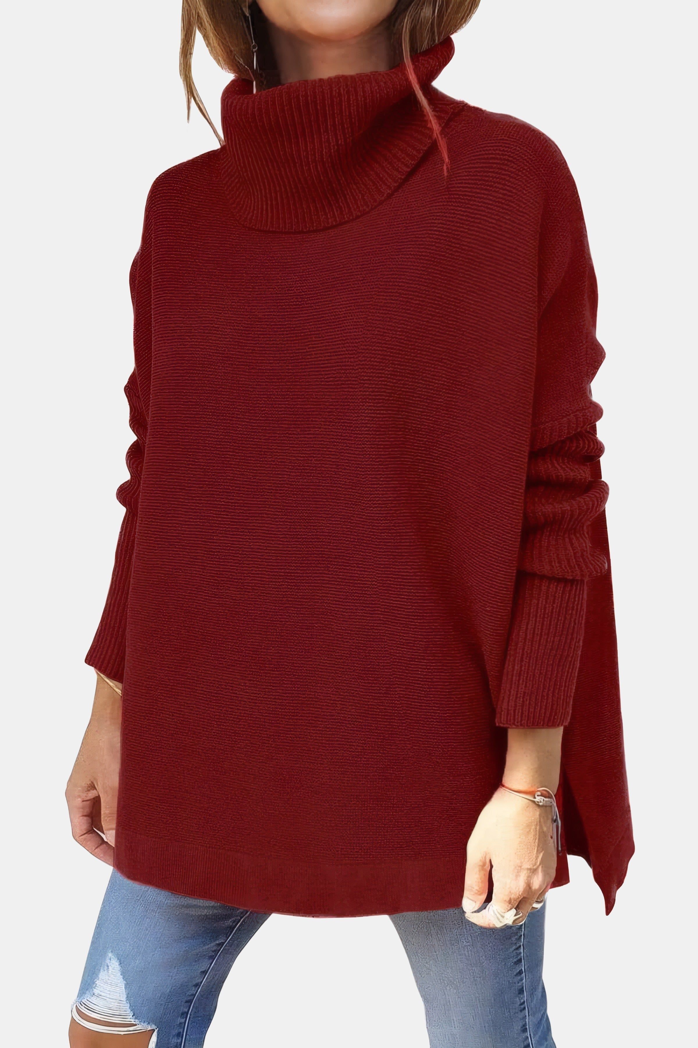 Priscille | Pull oversize à ourlet fendu Rouge, photo studio