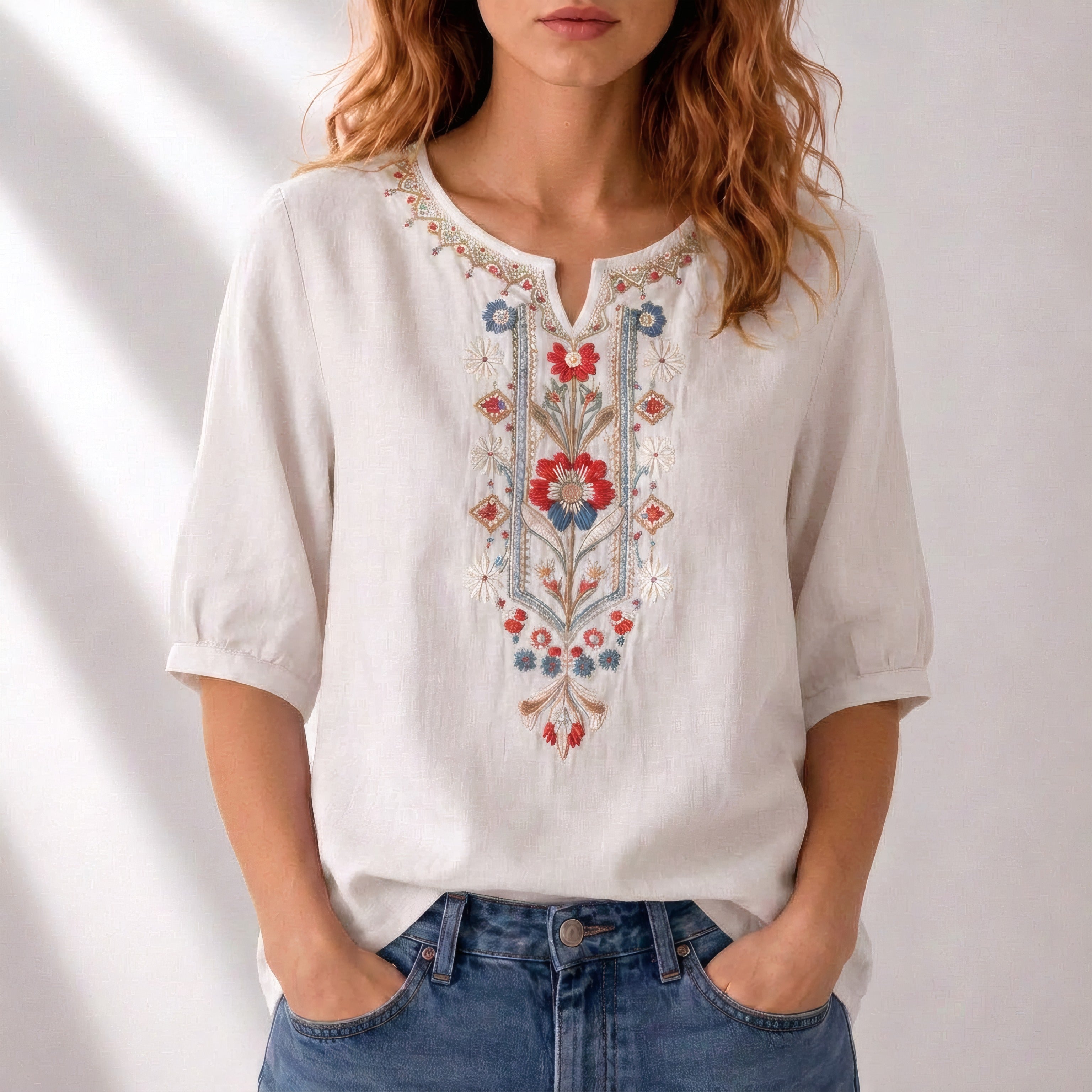 Marianne | Blouse d’été brodée Blanc, photo studio