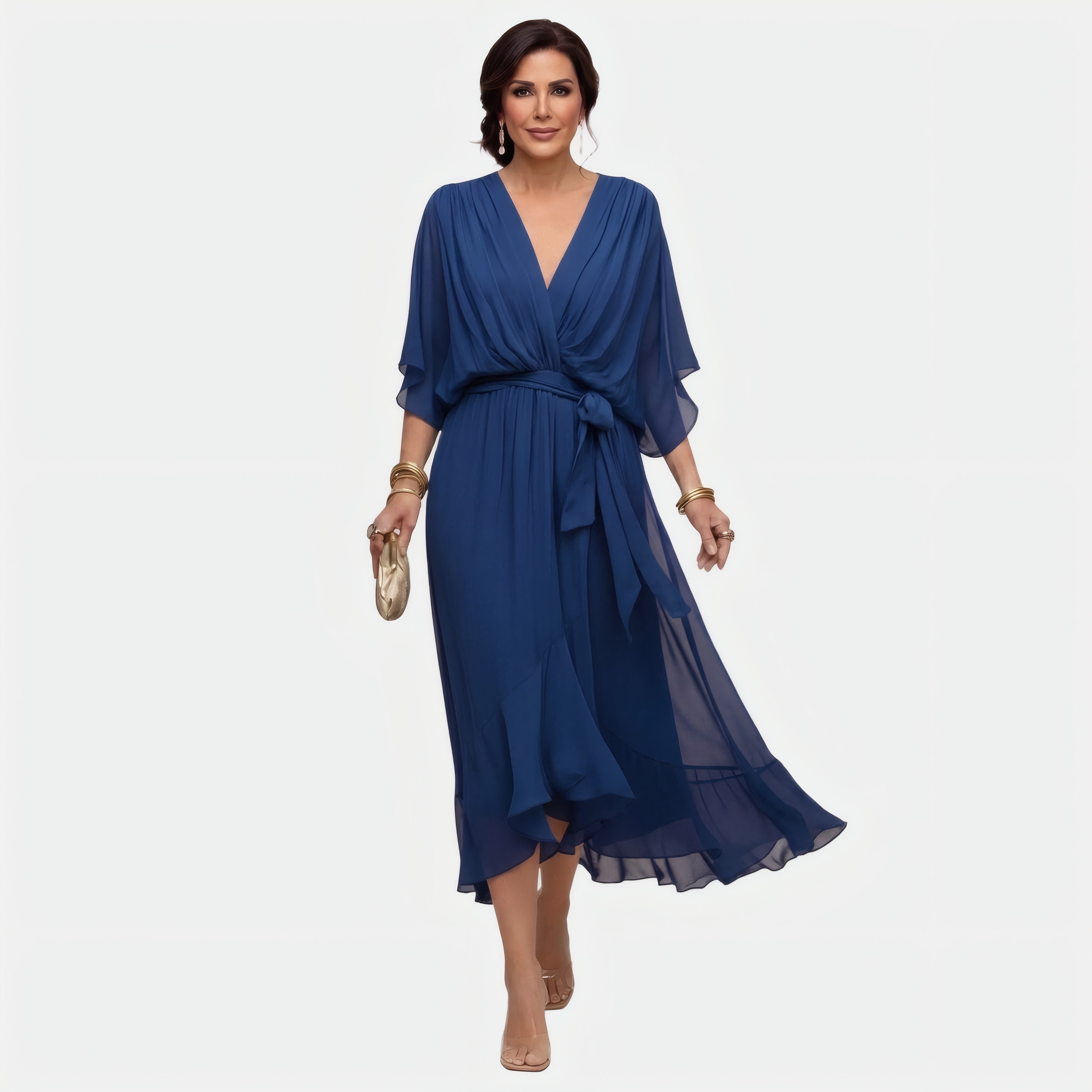 Monica | Robe en mousseline à col en V — v Bleu, photo studio