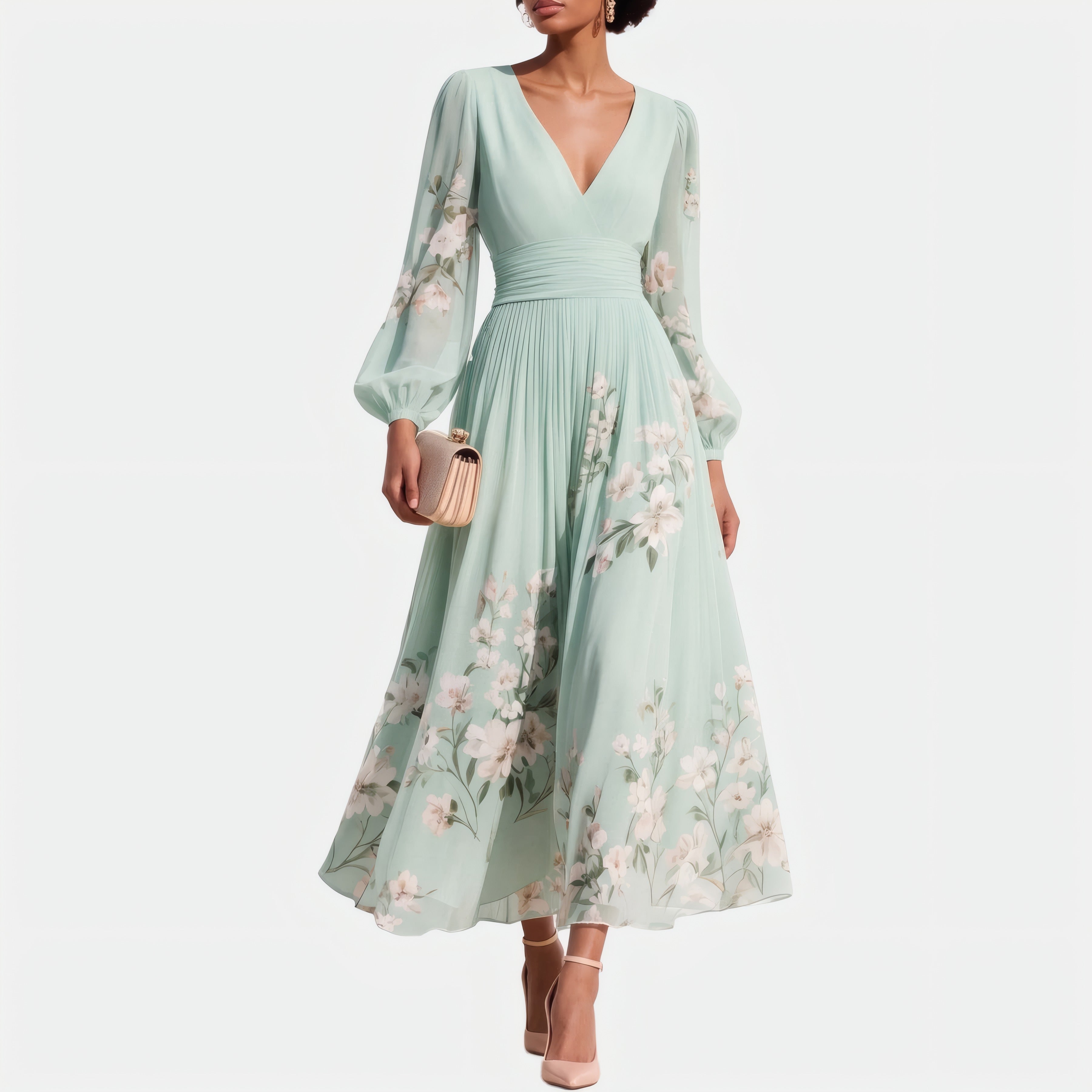 Lucija | Robe midi en mousseline vert clair à plis fleuris — fleuris Vert clair, photo studio