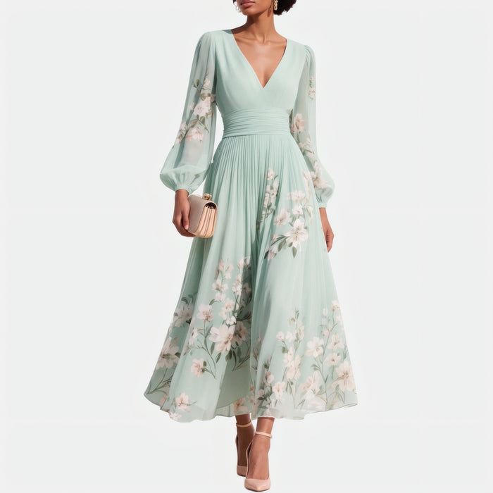 Mylène | Robe midi plissée à manches ballon