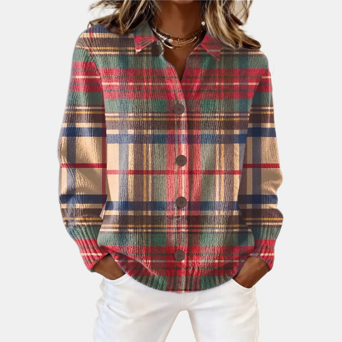 Nadine | Cardigan écossais à col chemise boutonné