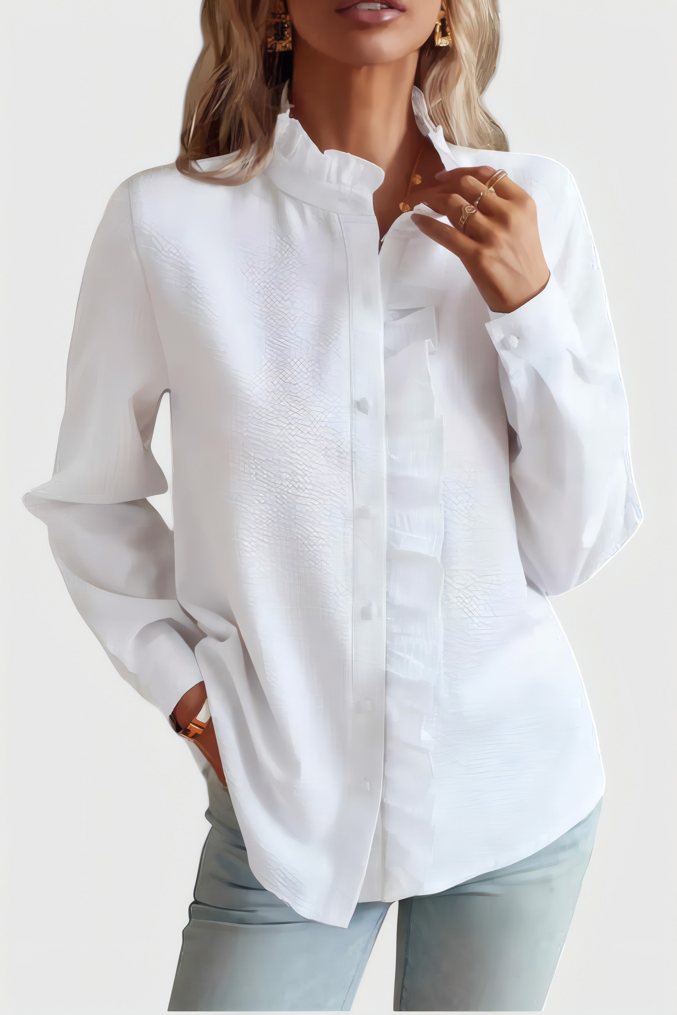 Roxane | Blouse élégante à volants Blanc, photo studio