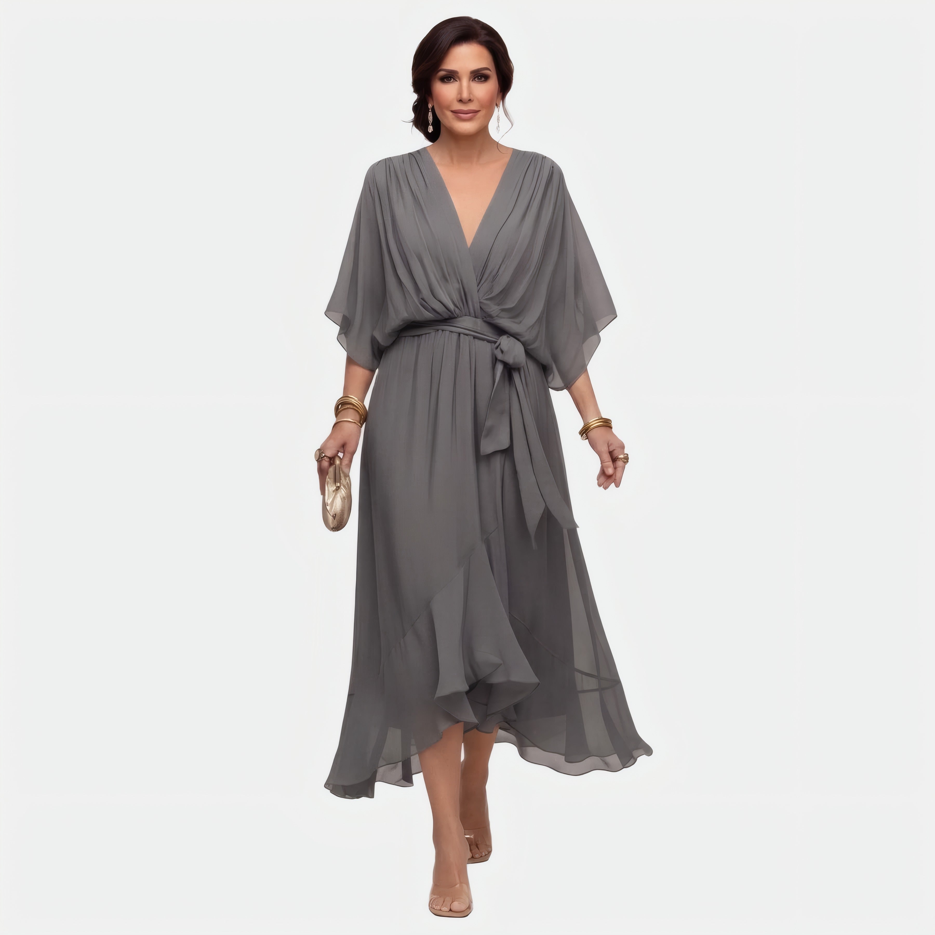 Monica | Robe en mousseline à col en V — v Gris clair, photo studio