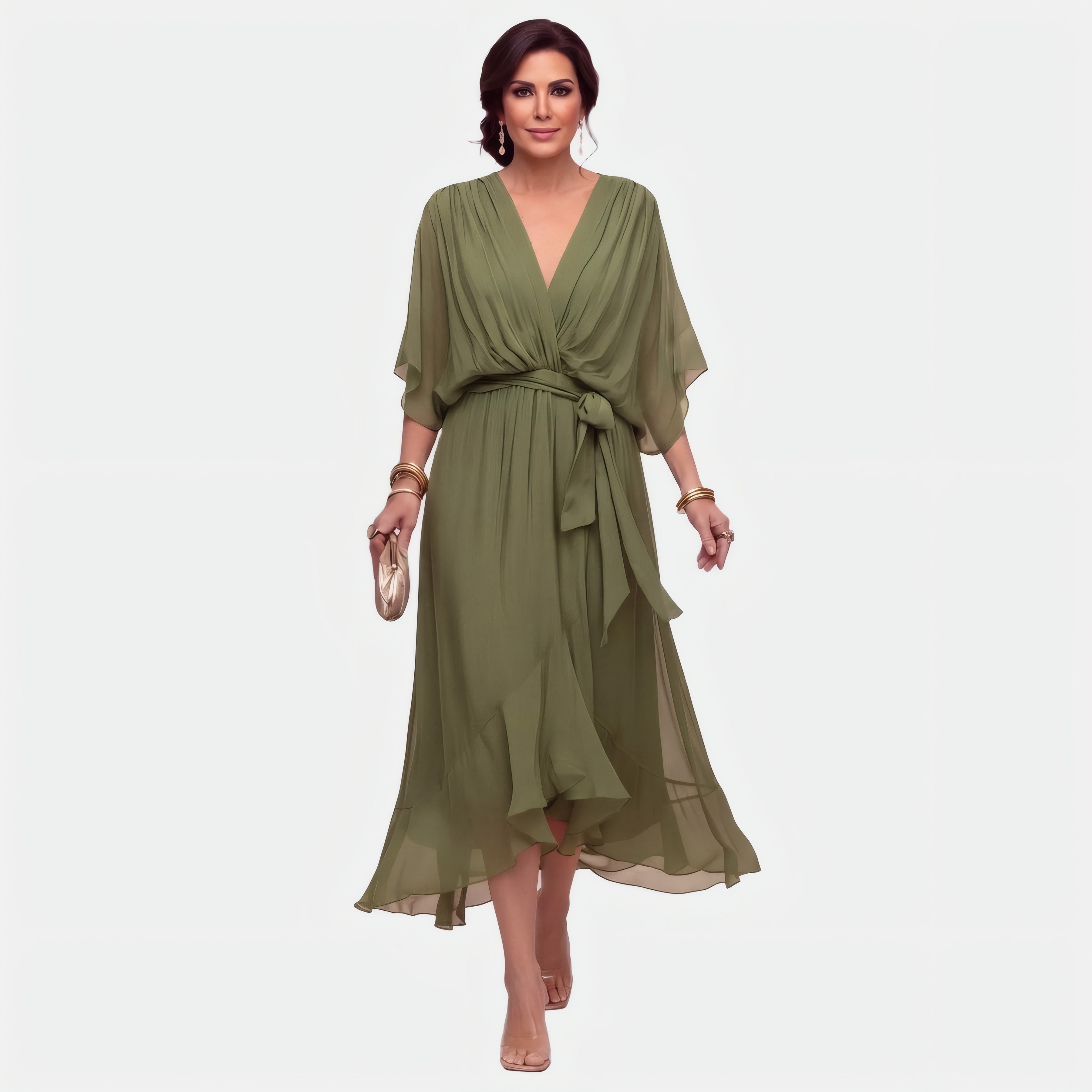 Monica | Robe en mousseline à col en V — v Vert, photo studio