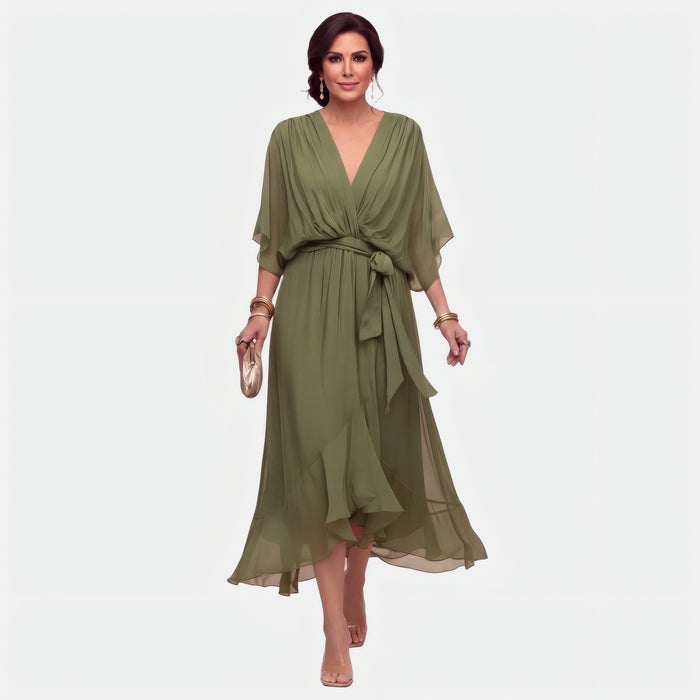 Émeline | Robe midi cache-cœur à ceinture nouée