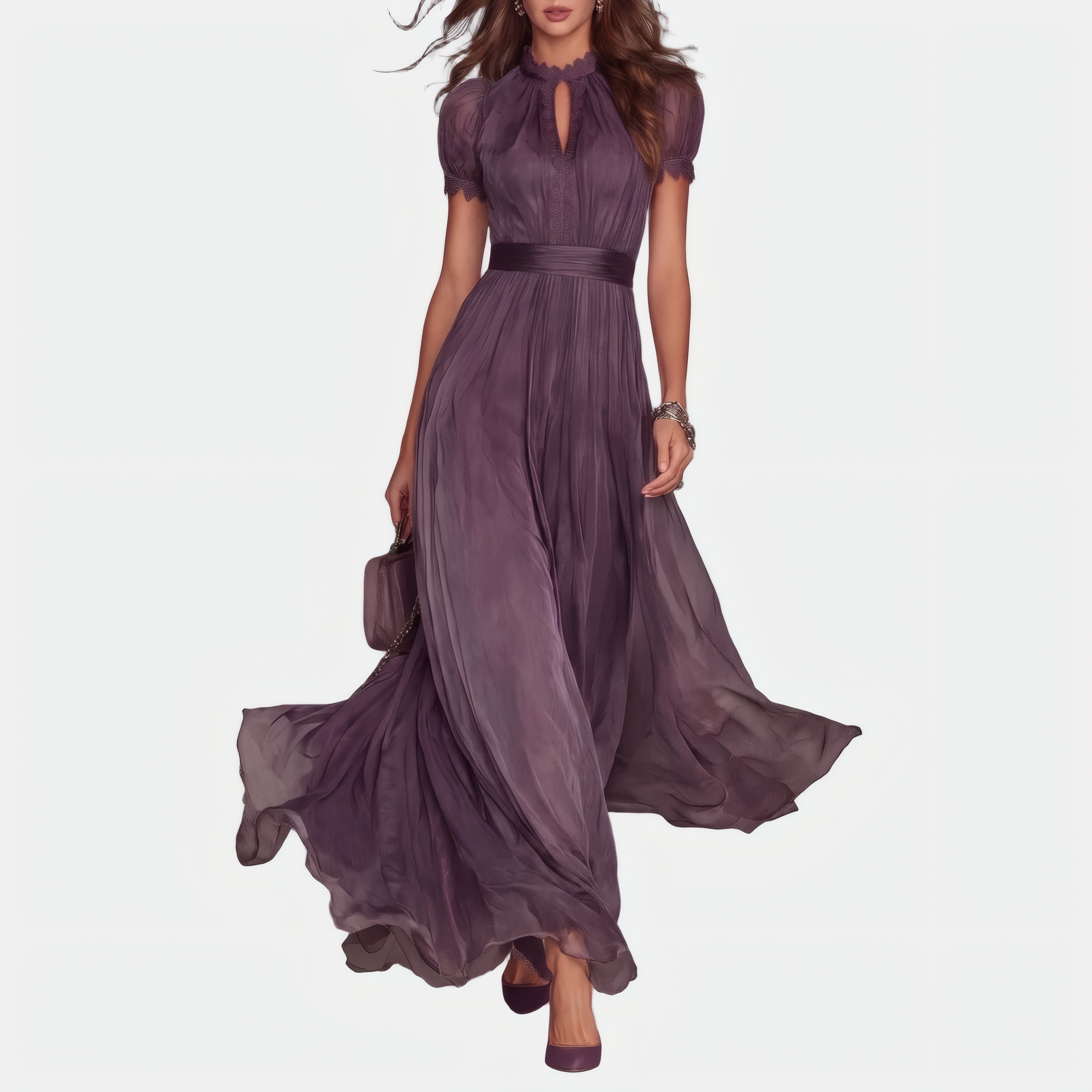 Flavia | Robe longue violette à découpe et finition dentelle — dentelle Violet, photo studio