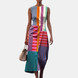 Cassandre | Robe midi à rayures graphiques et taille marquée